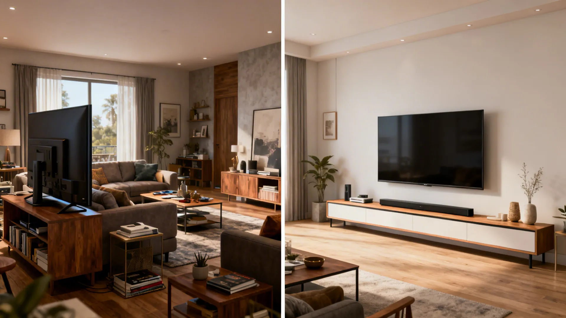 Before and after comparison showing cluttered room with oversized TV and optimized layout with a 50-inch TV