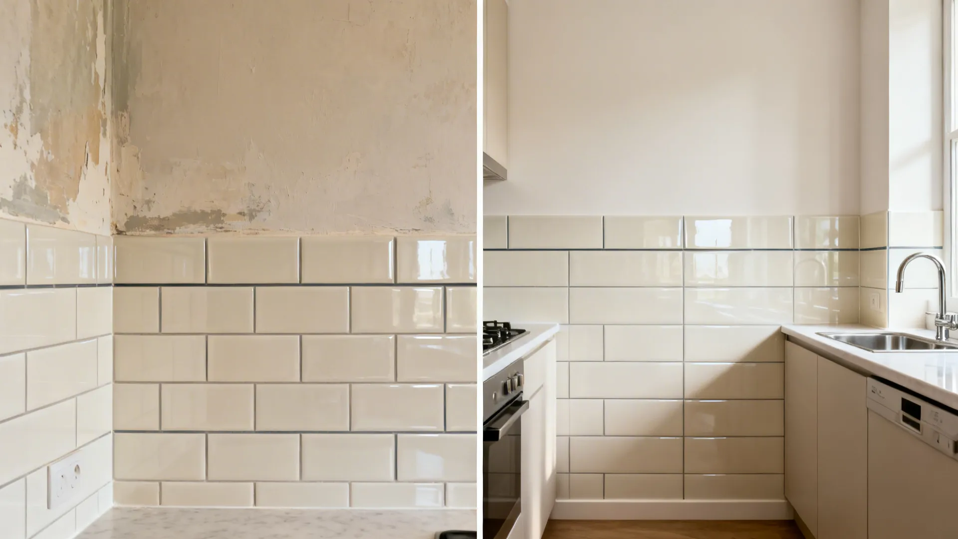 Before and after comparison of kitchen renovation showing new cream wall tiles and metal sink