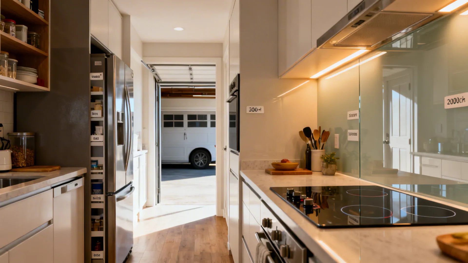 Before-and-after showing aisle gain from counter-depth fridge and zoned storage in a small kitchen.
