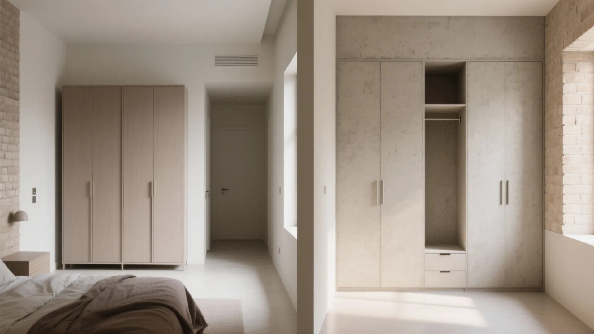 Before and after comparison of freestanding bedroom cabinet versus custom built-in wardrobe with sleek storage