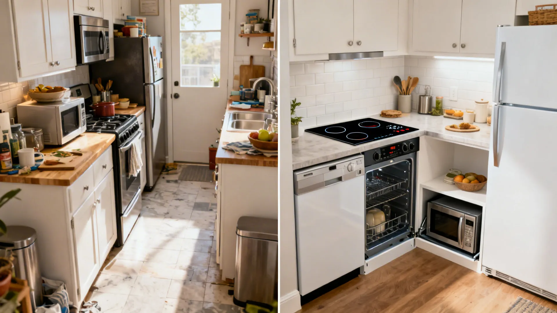 Before and after comparison of a cluttered old kitchen and a clean modern white kitchen