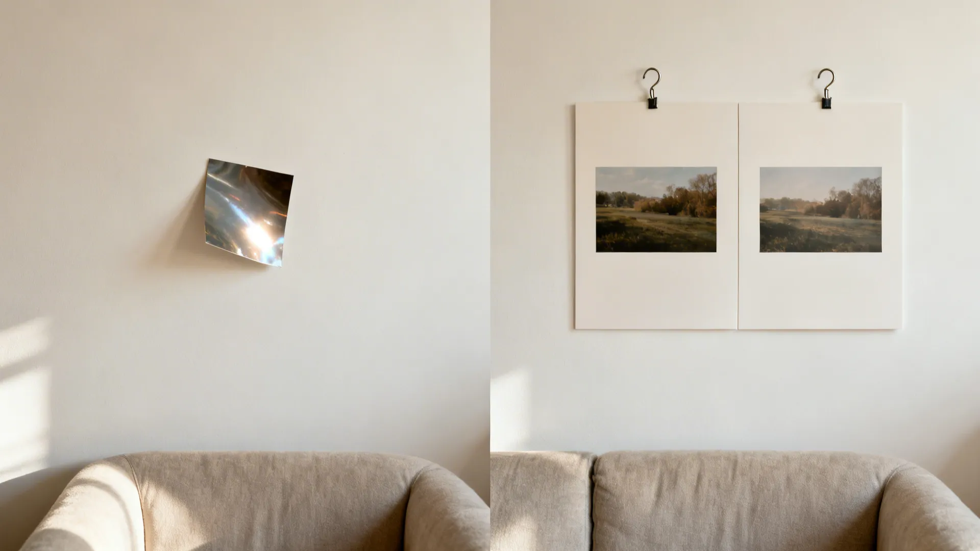 Before-and-after showing poor versus proper scale, leveling, and finish of wall art.