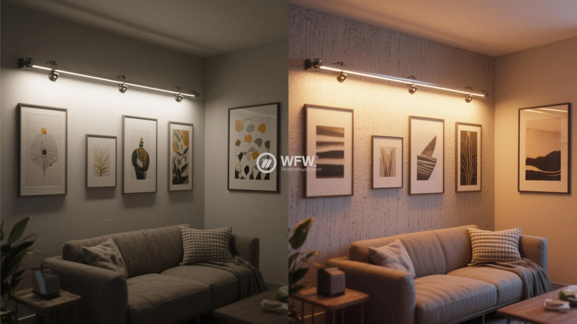 Before-and-after comparison showing improved art wall depth with rotatable magnetic heads.