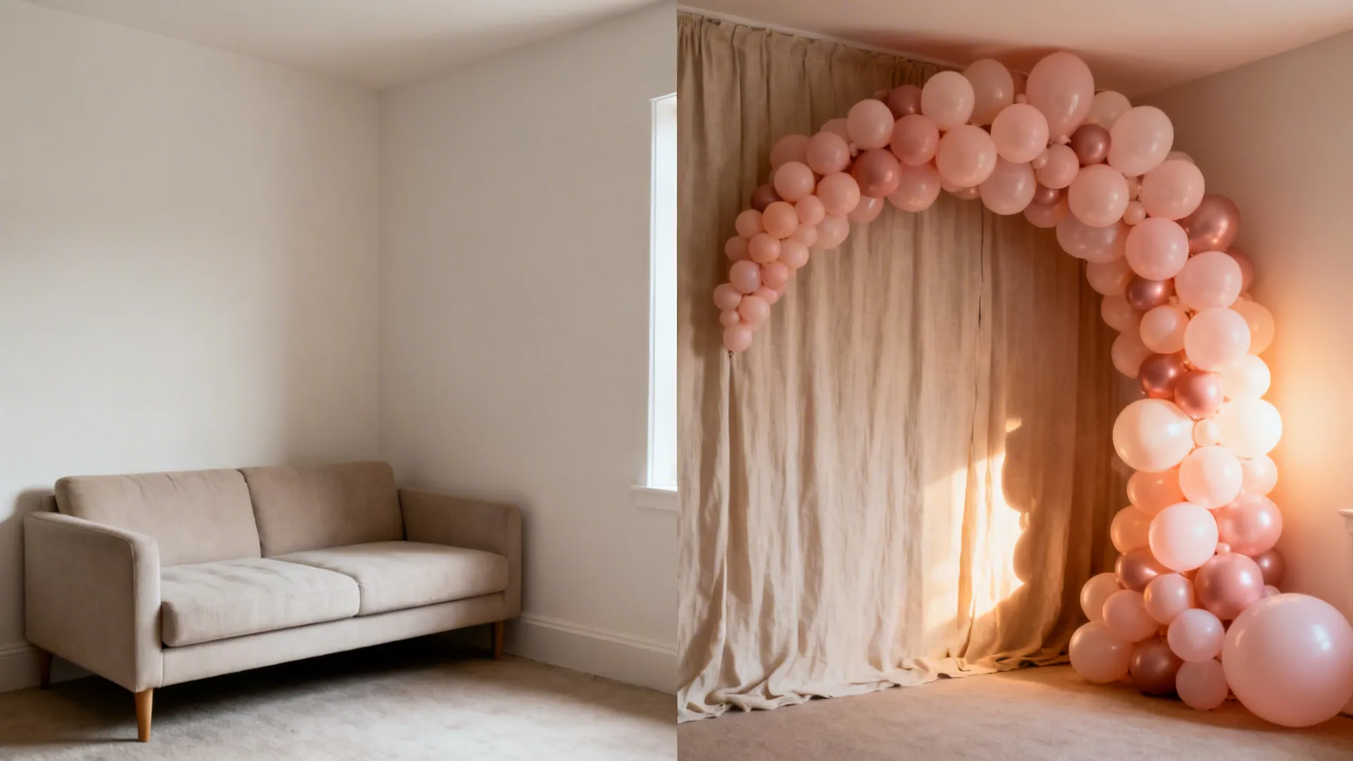 Before and after of a small room corner upgraded with a blush balloon garland and linen backdrop.
