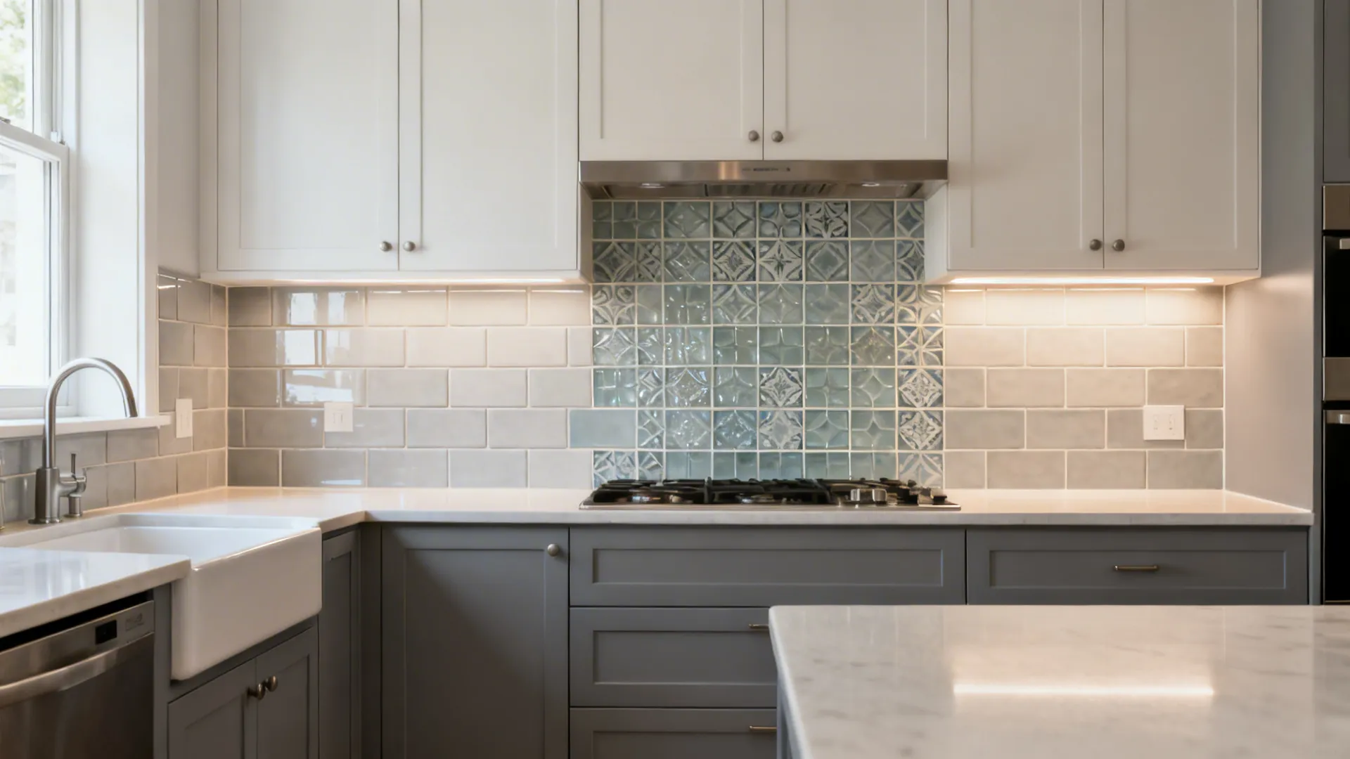 Before-and-after of a small grey-cabinet kitchen with upgraded cohesive backsplash and lighting.