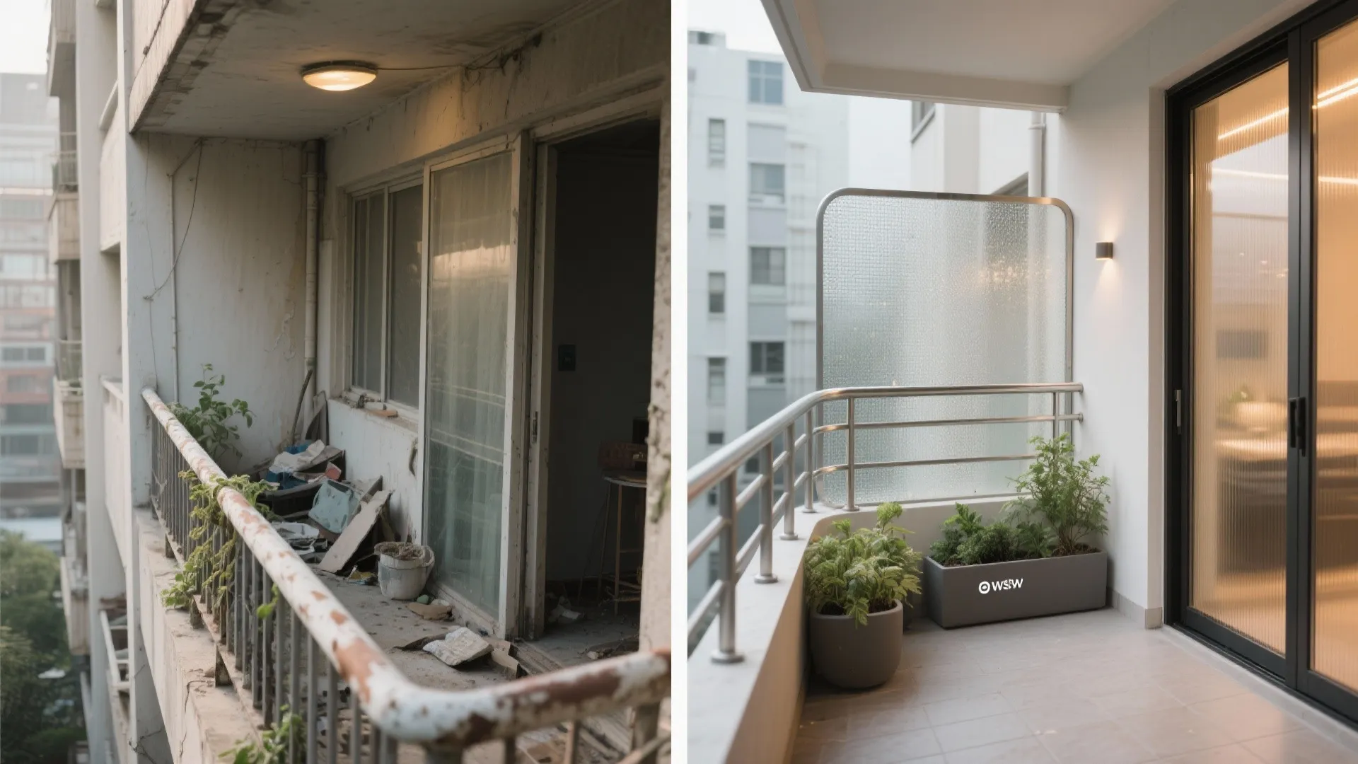 Before and after comparison showing a messy old balcony transformed into a clean modern terrace
