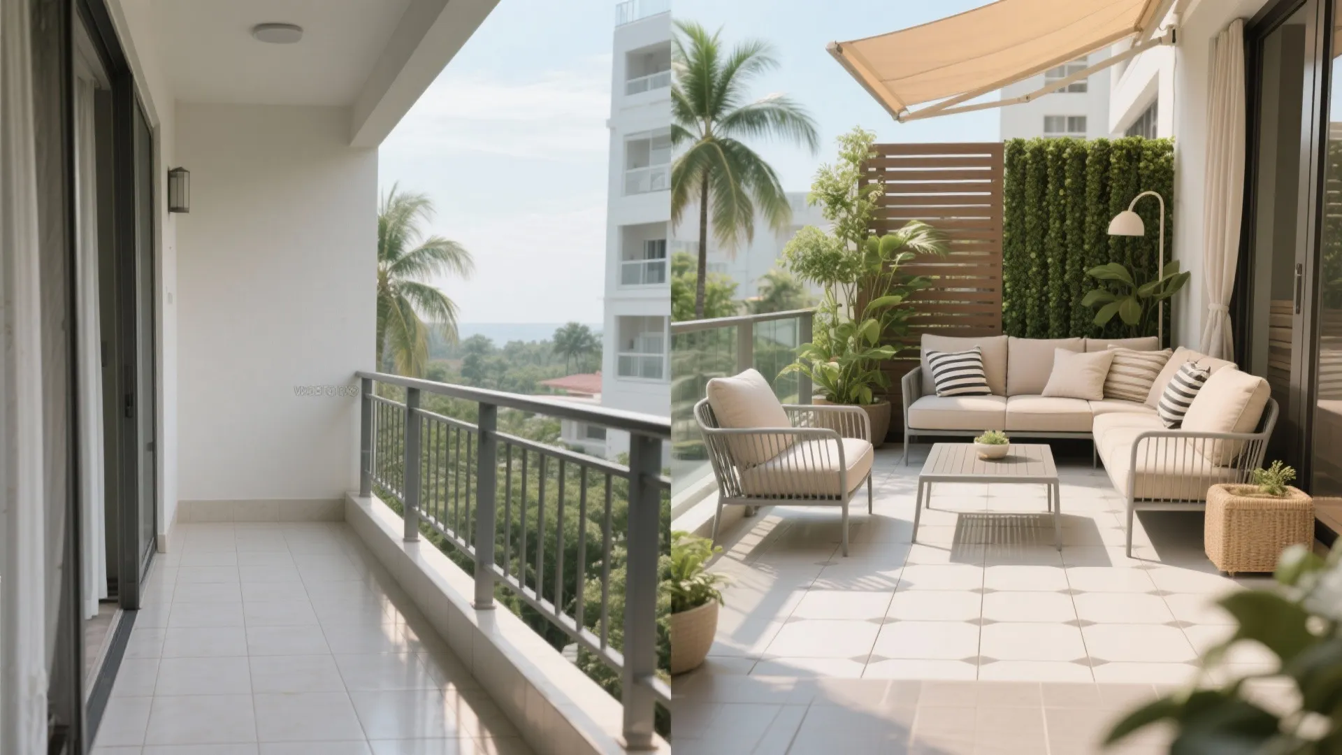 Before-and-after comparison showing an empty balcony transformed into a cozy lounge with sofa and plants