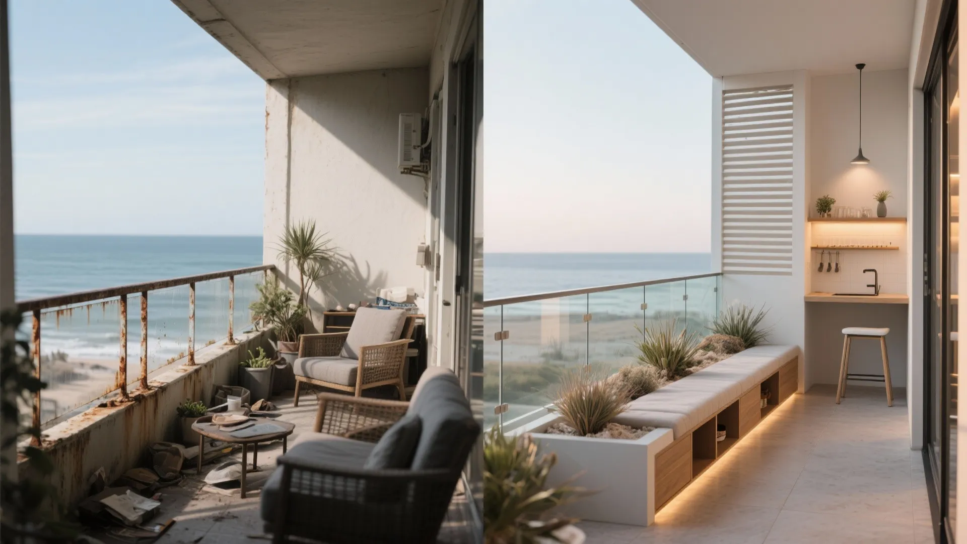 Before and after comparison of an old messy balcony versus a clean modern balcony design