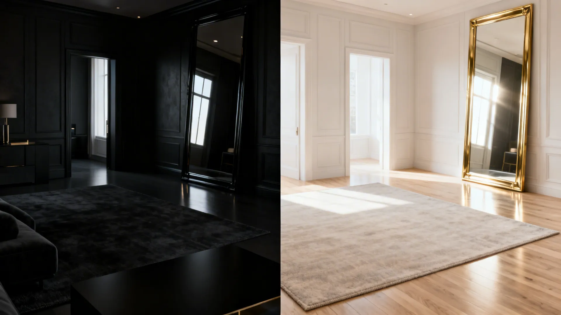 Before-and-after comparison showing how light surfaces and mirrors expand a black living room.