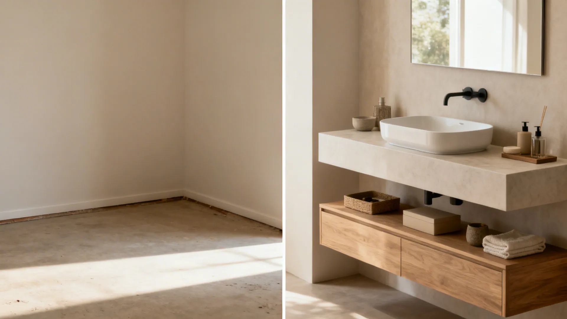 Before-and-after of a living room corner transformed with a floating basin setup.