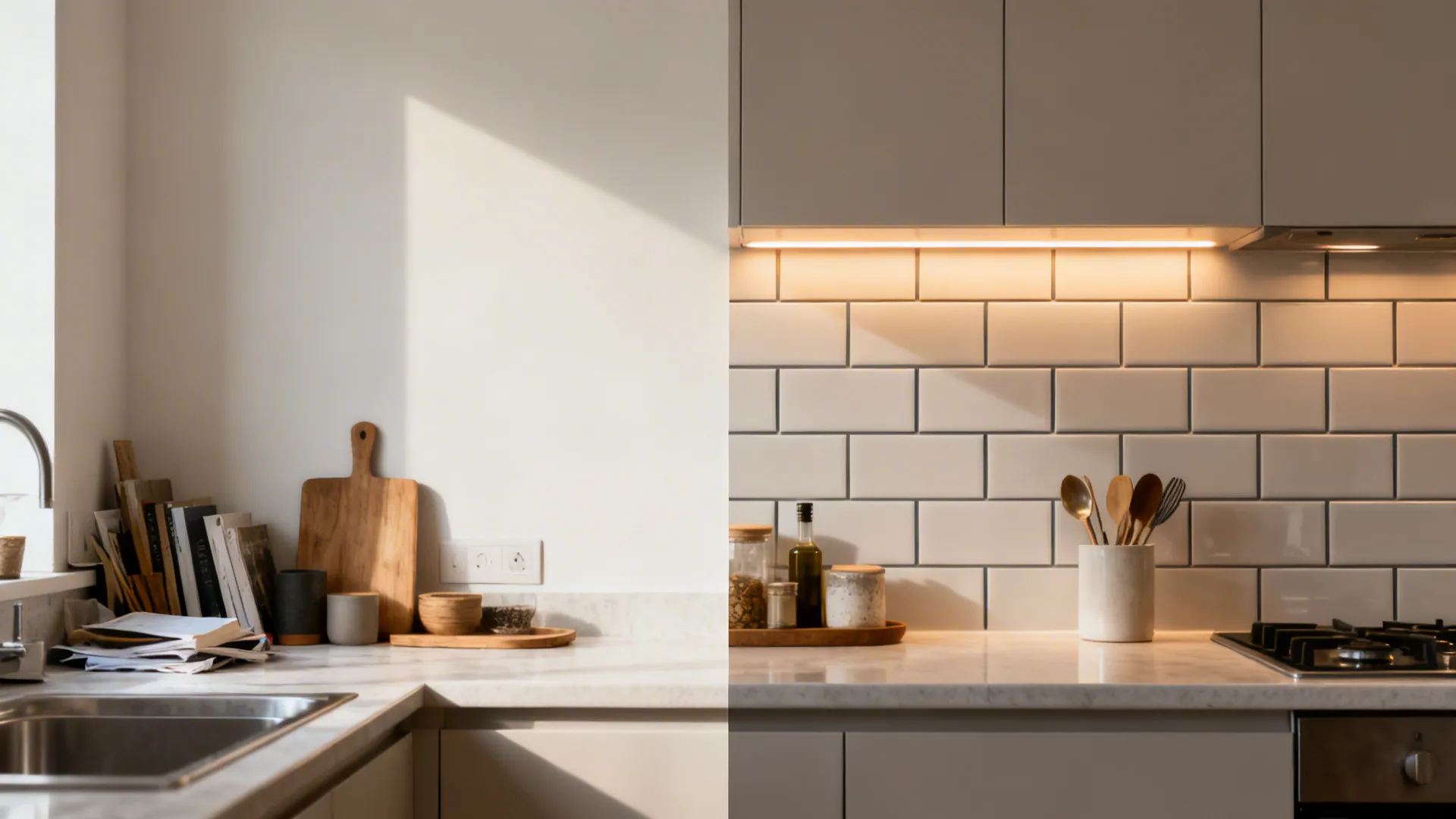 Before and after of a dining room basin wall upgraded with a clean tiled backsplash and warm light.