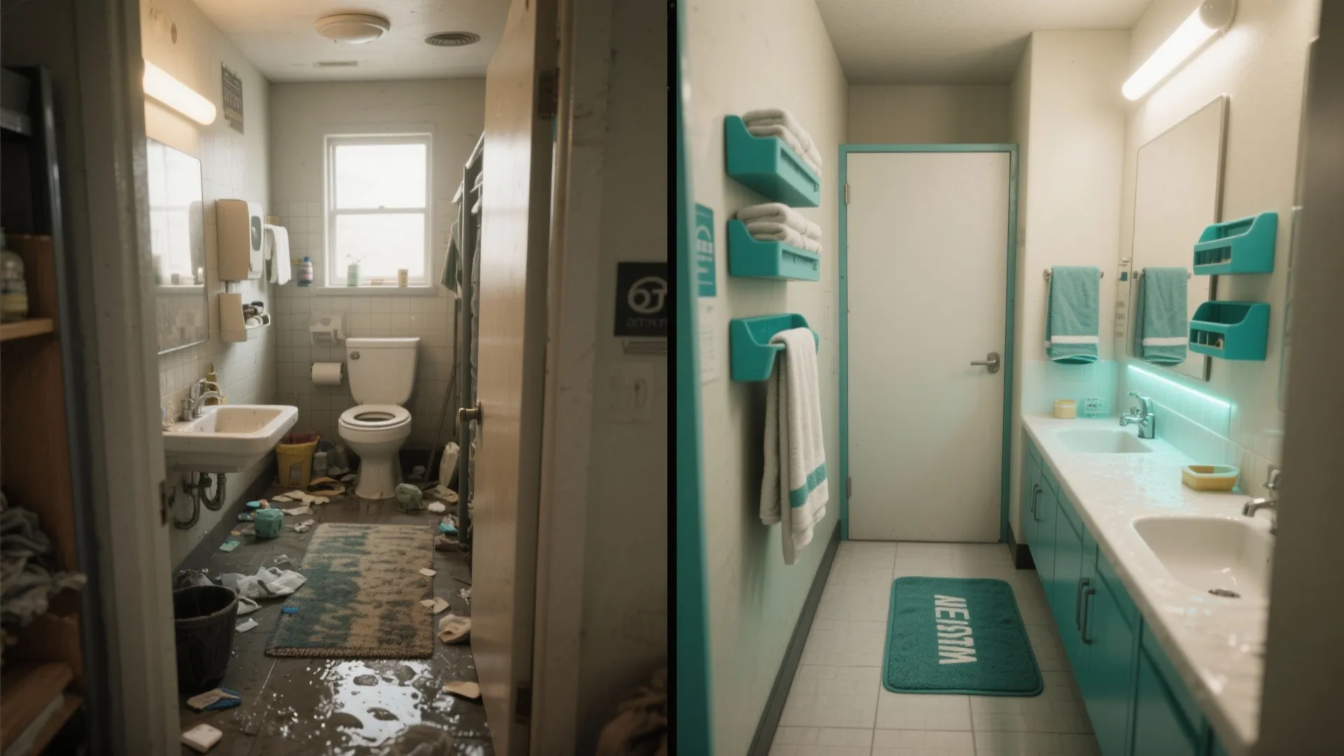 Before and after comparison of a messy dark bathroom versus a clean modern teal bathroom design