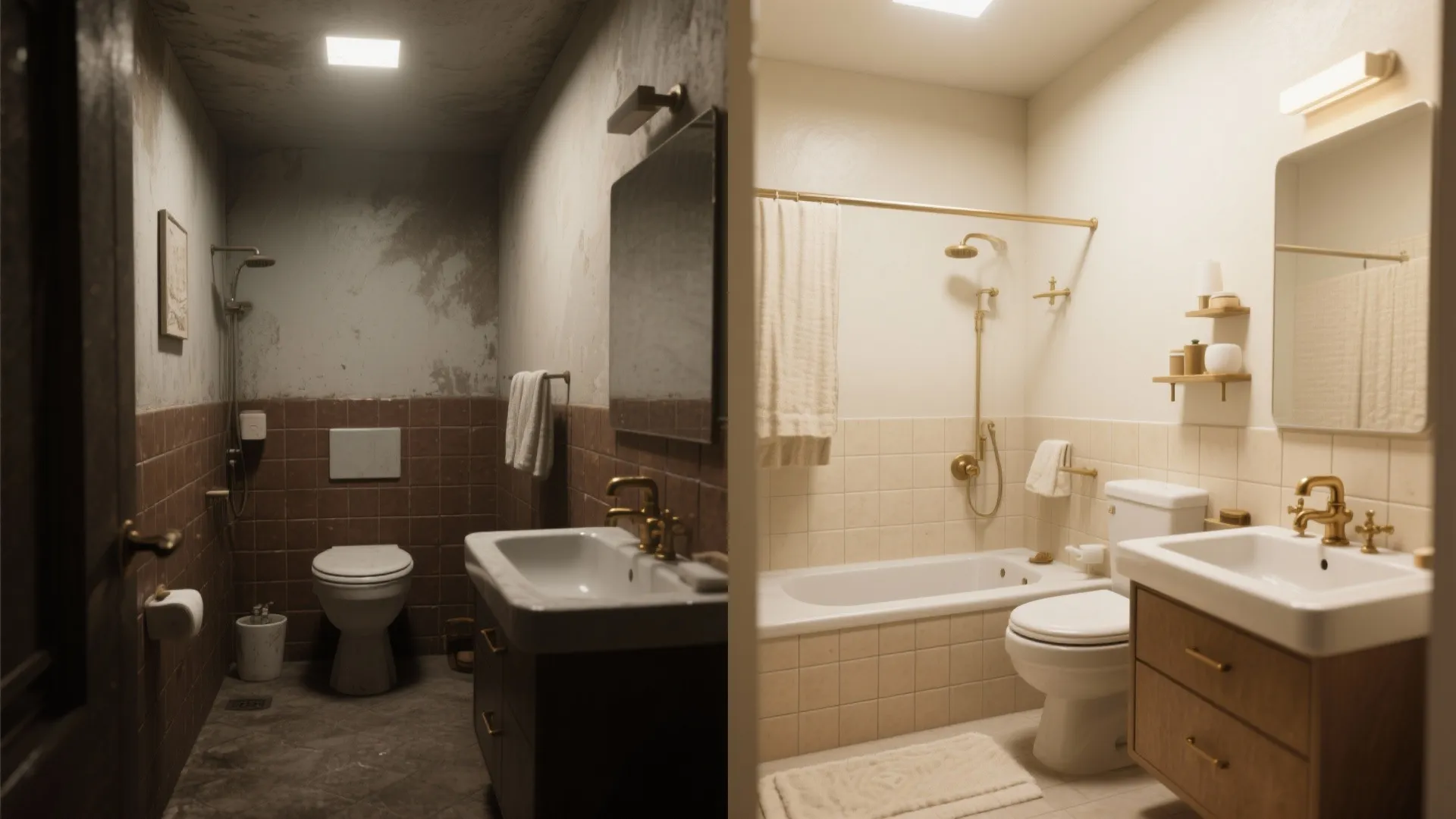 Before-and-after comparison of a dark old bathroom versus a bright modern bathroom with new tiles