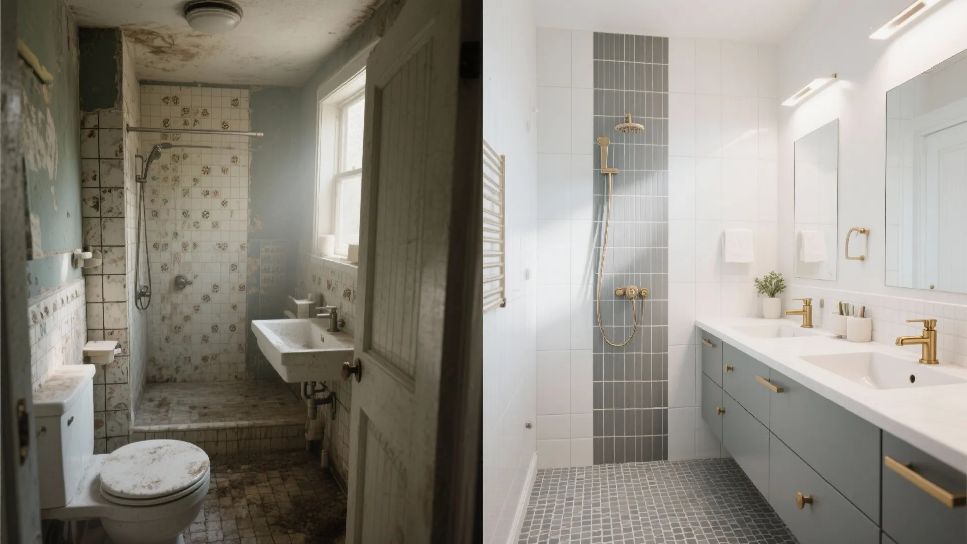 Before and after comparison of an old dirty bathroom and a newly renovated modern bathroom