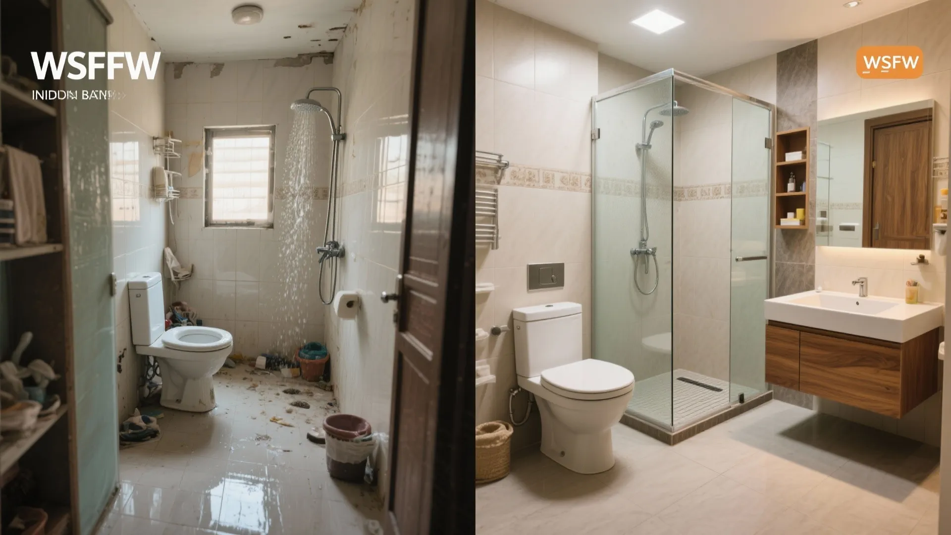 Before and after comparison of an old messy bathroom and a modern clean renovated bathroom