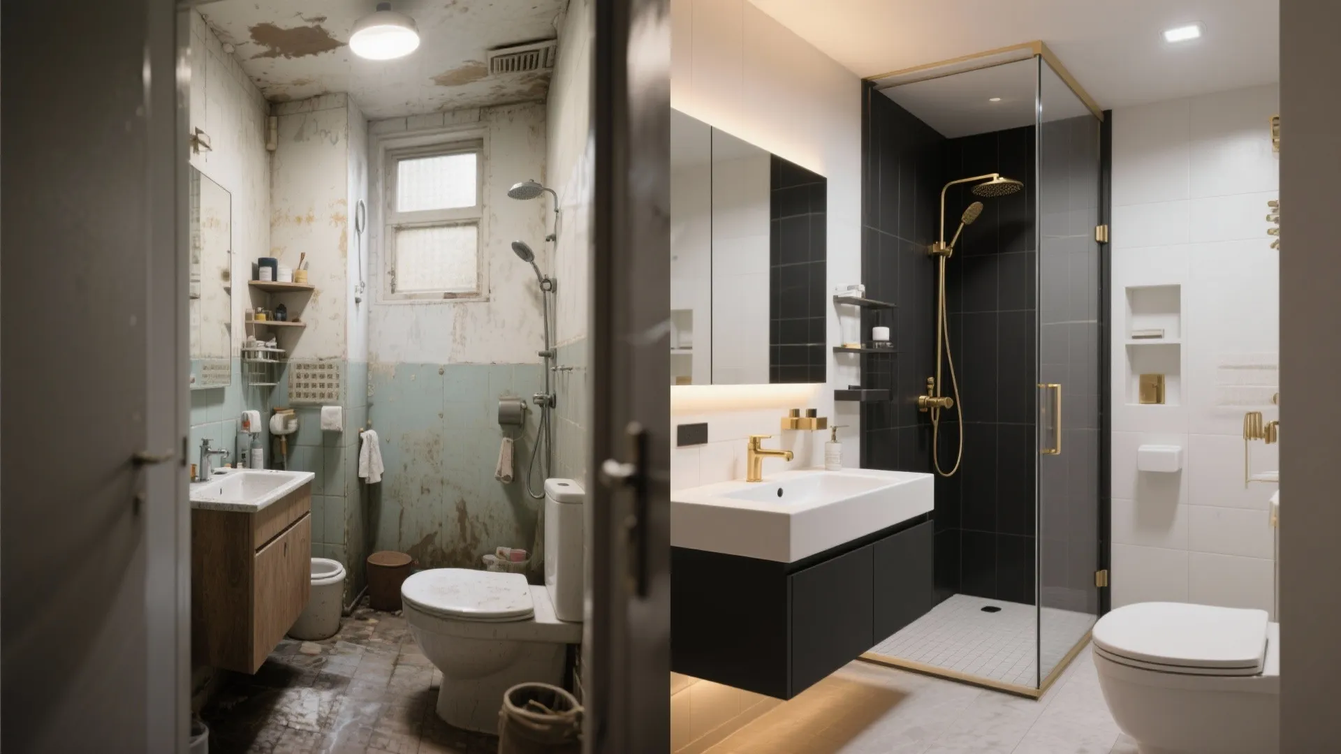 Split before and after of a small bathroom showing a transformation to a compact luxury scheme with floating vanity and brass accents.