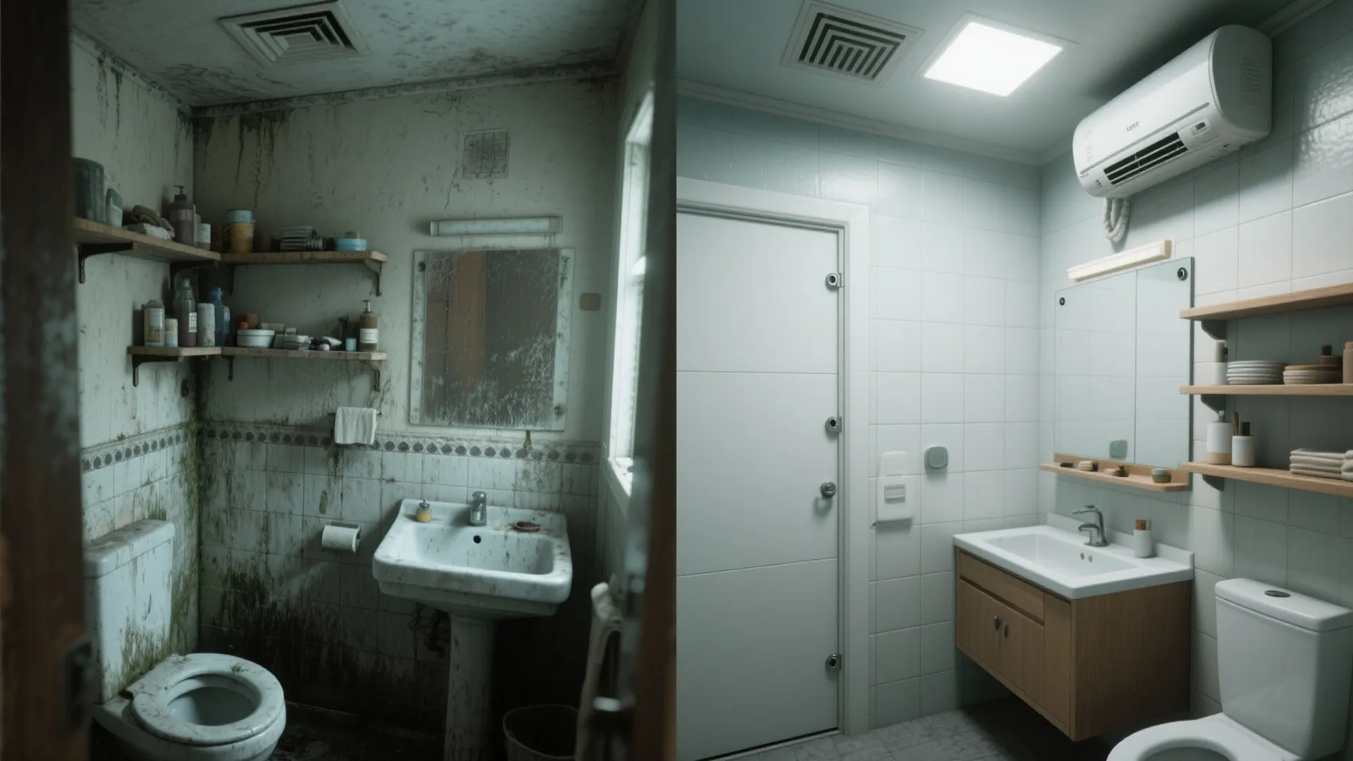 Before and after comparison showing cluttered damp bathroom transformed into ventilated, sealed, tidy space