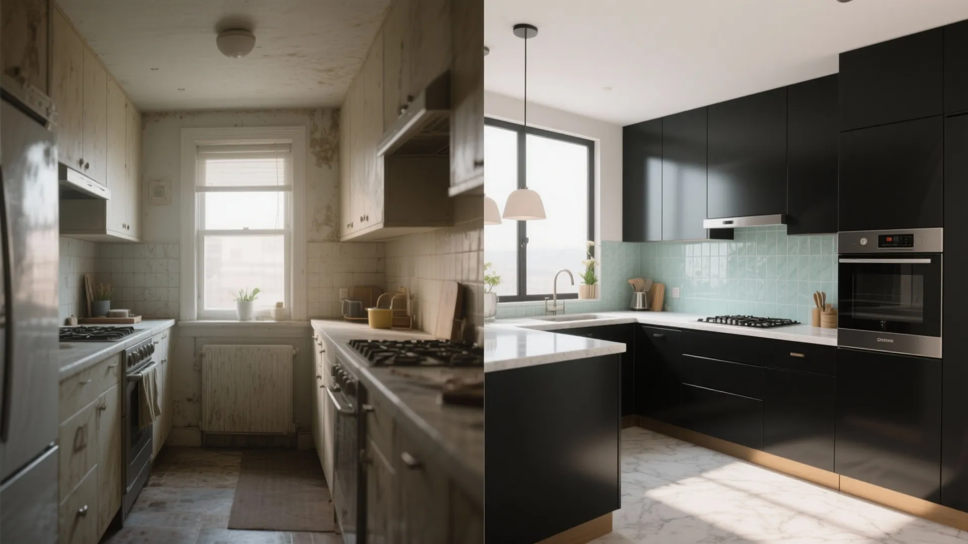 Before and after comparison of old dated kitchen renovation into modern black and white style