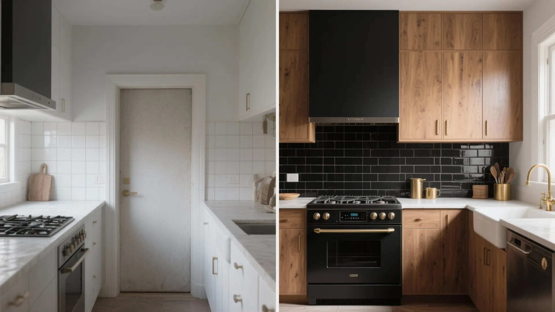 Before and after comparison of a white kitchen versus a wood kitchen with black tiles