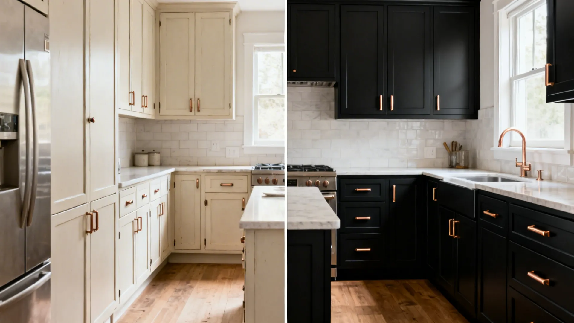 Split view showing a galley kitchen before and after matte black cabinets with copper hardware.