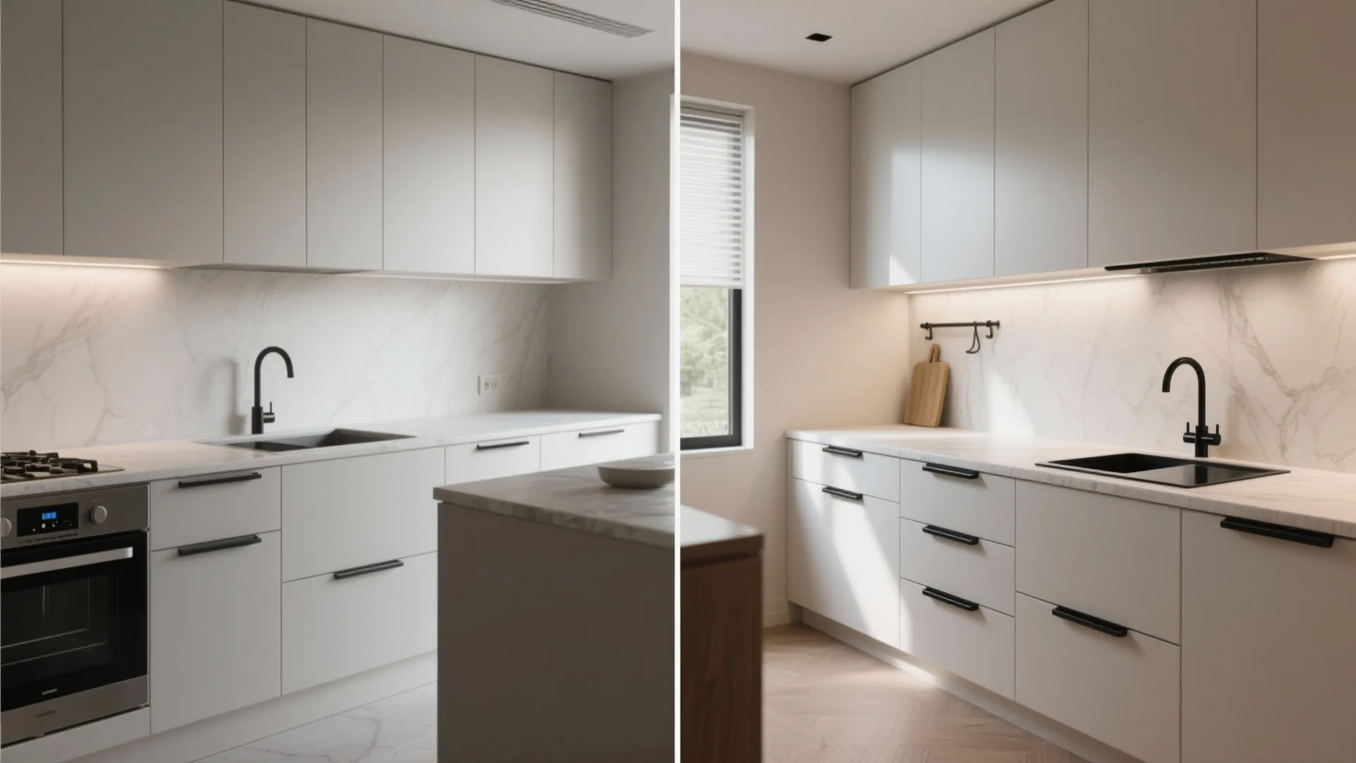 Before and after comparison of white kitchen cabinets showing updated black handles and a new sink