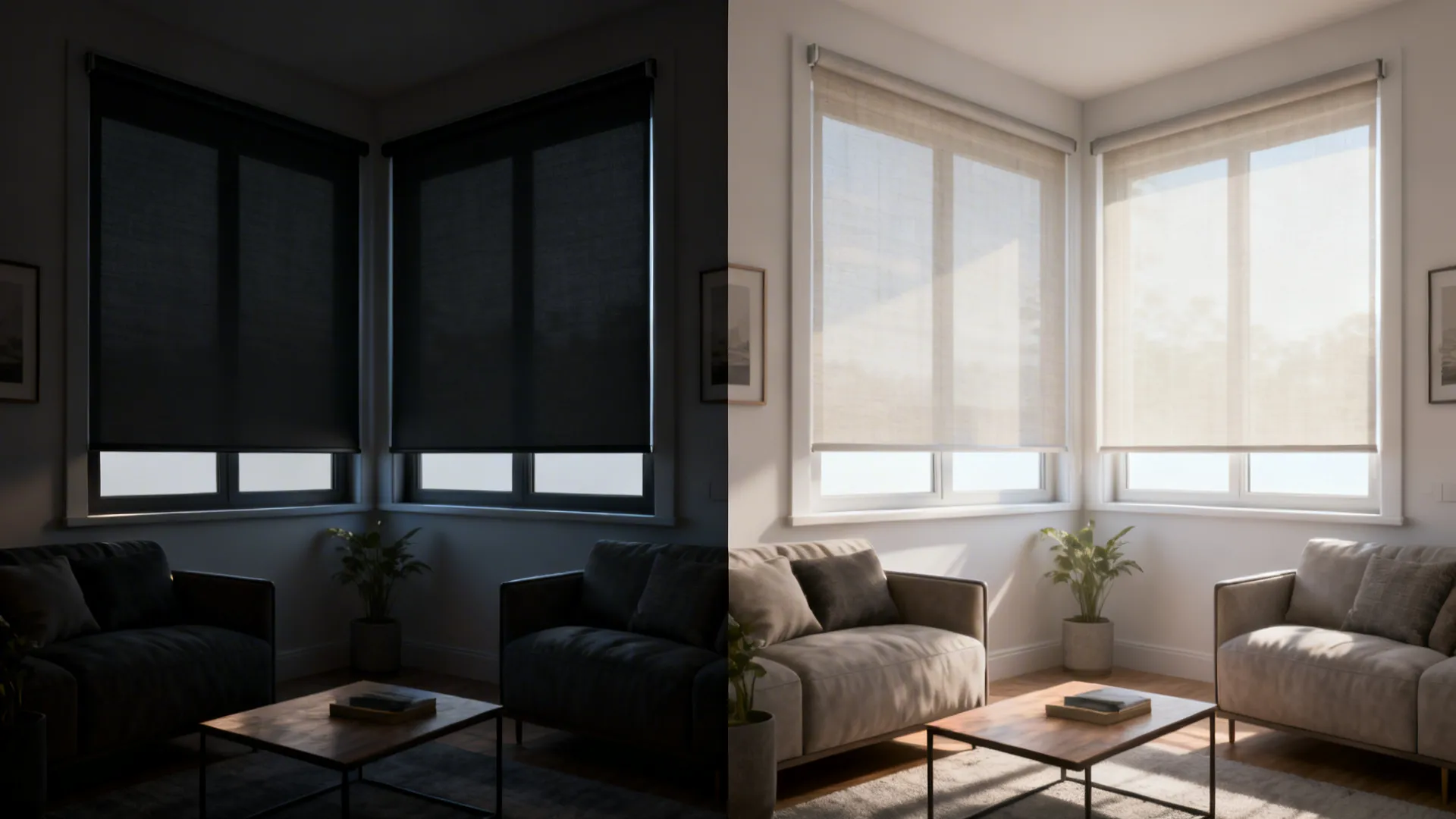 Before and after of a small living room showing the effect of dark blackout blinds versus sheer, light-colored blinds.