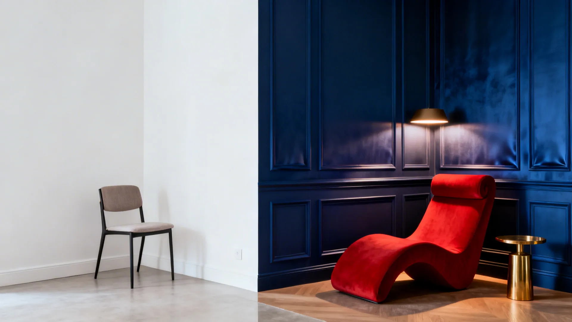 Split view comparing a plain corner to a blue-paneled corner with a red statement chair.