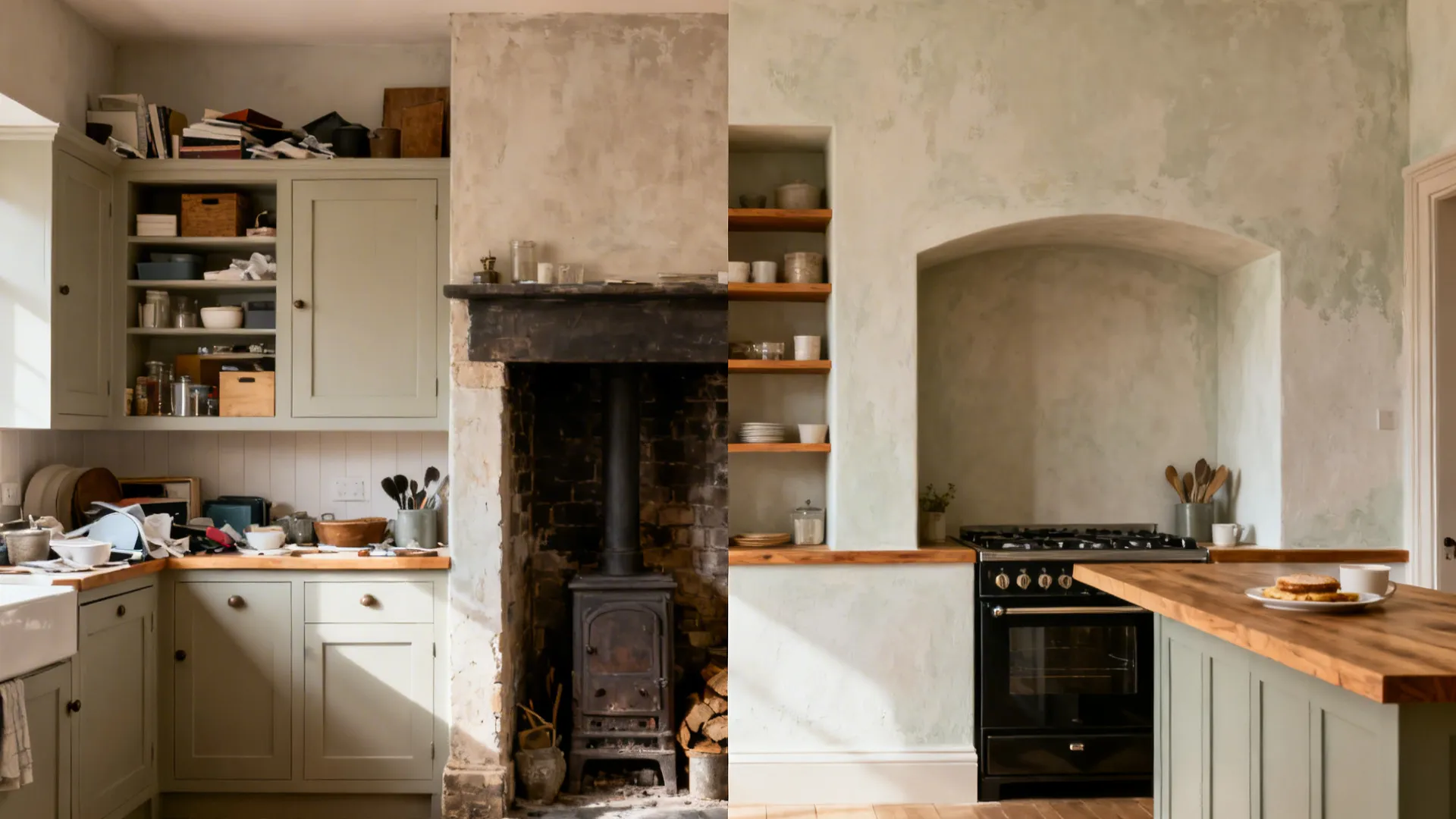 Before-and-after of a chimney breast wall from cluttered to cohesive with storage, niche, and bar.
