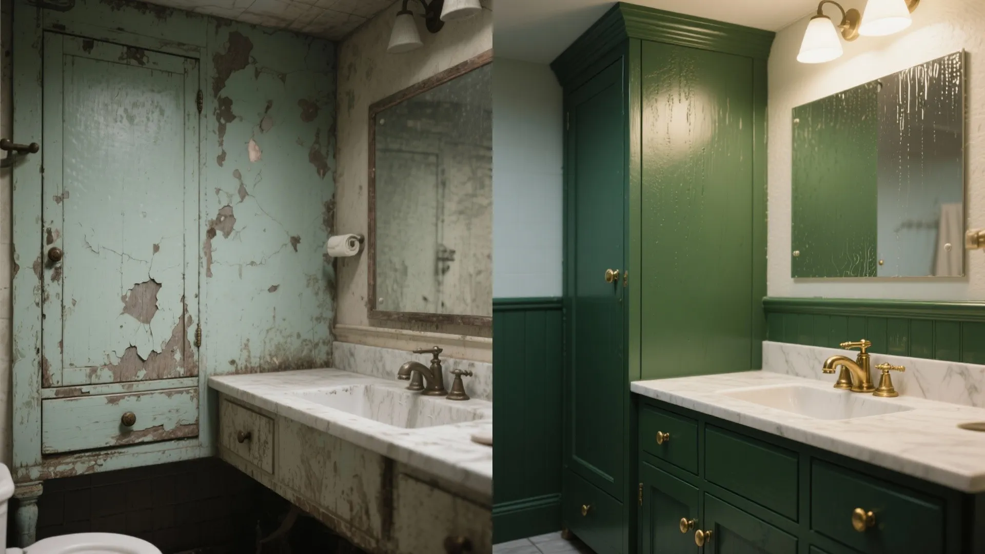 Before and after comparison of old peeling bathroom cabinet transformed into new dark green cabinet