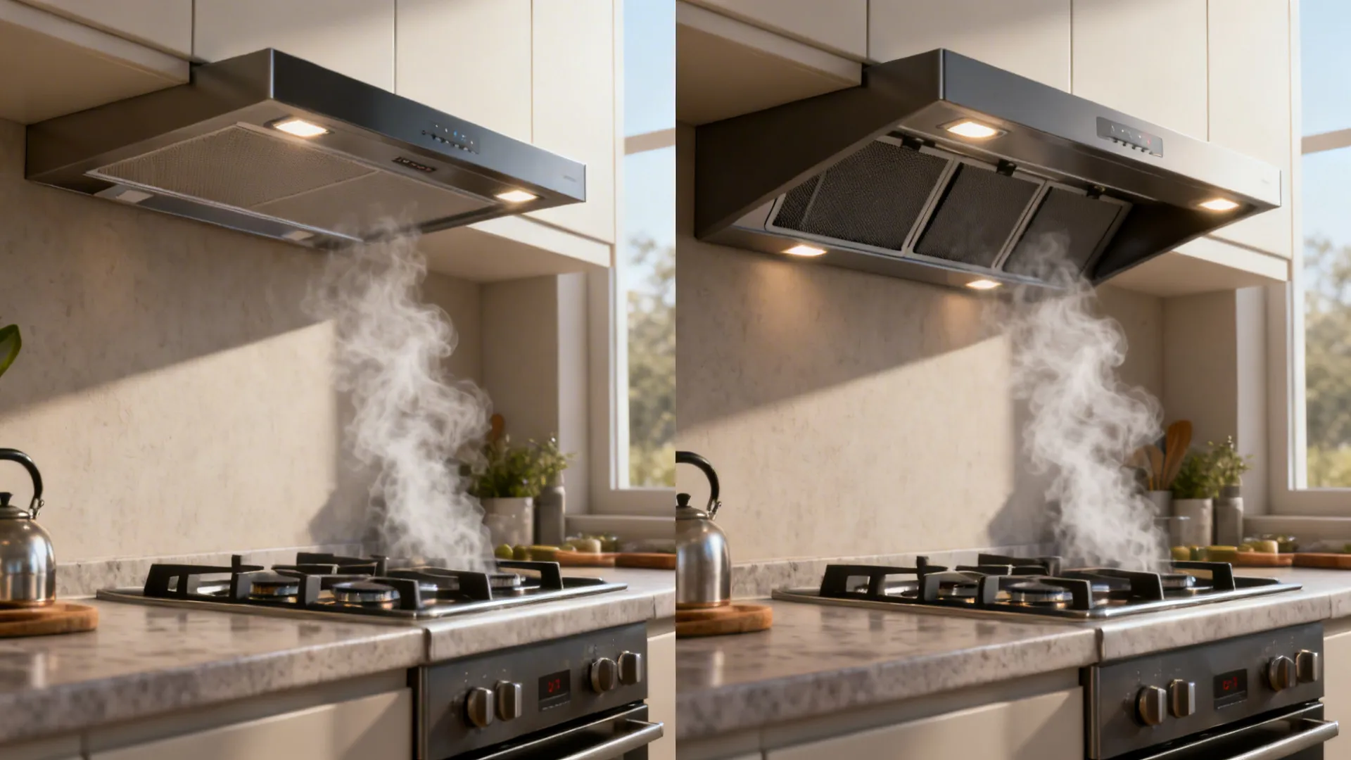 Side by side comparison of flat kitchen vent versus deep range hood catching rising cooking steam