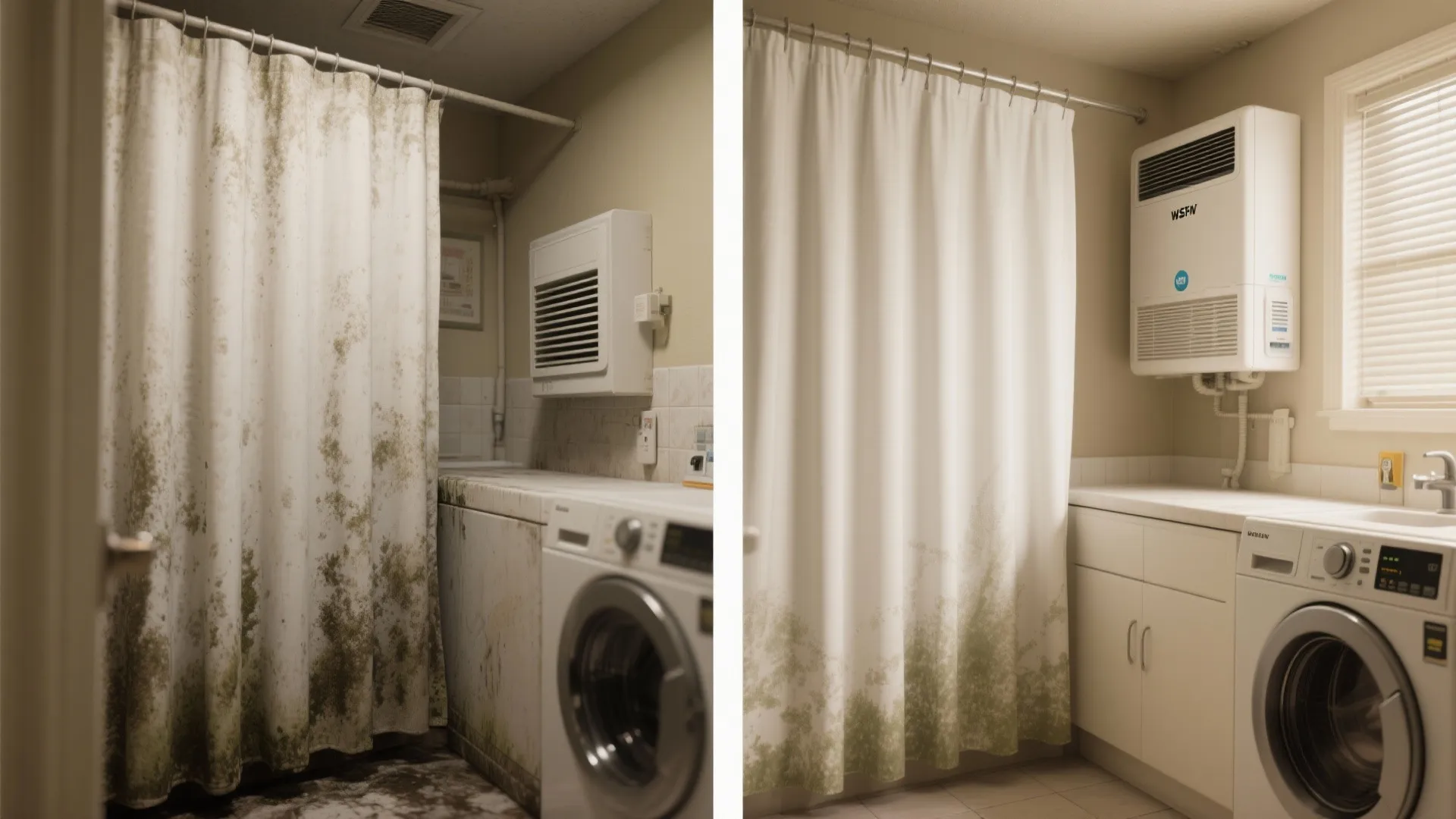 Before and after comparison of a dirty laundry room versus a clean white laundry room scene