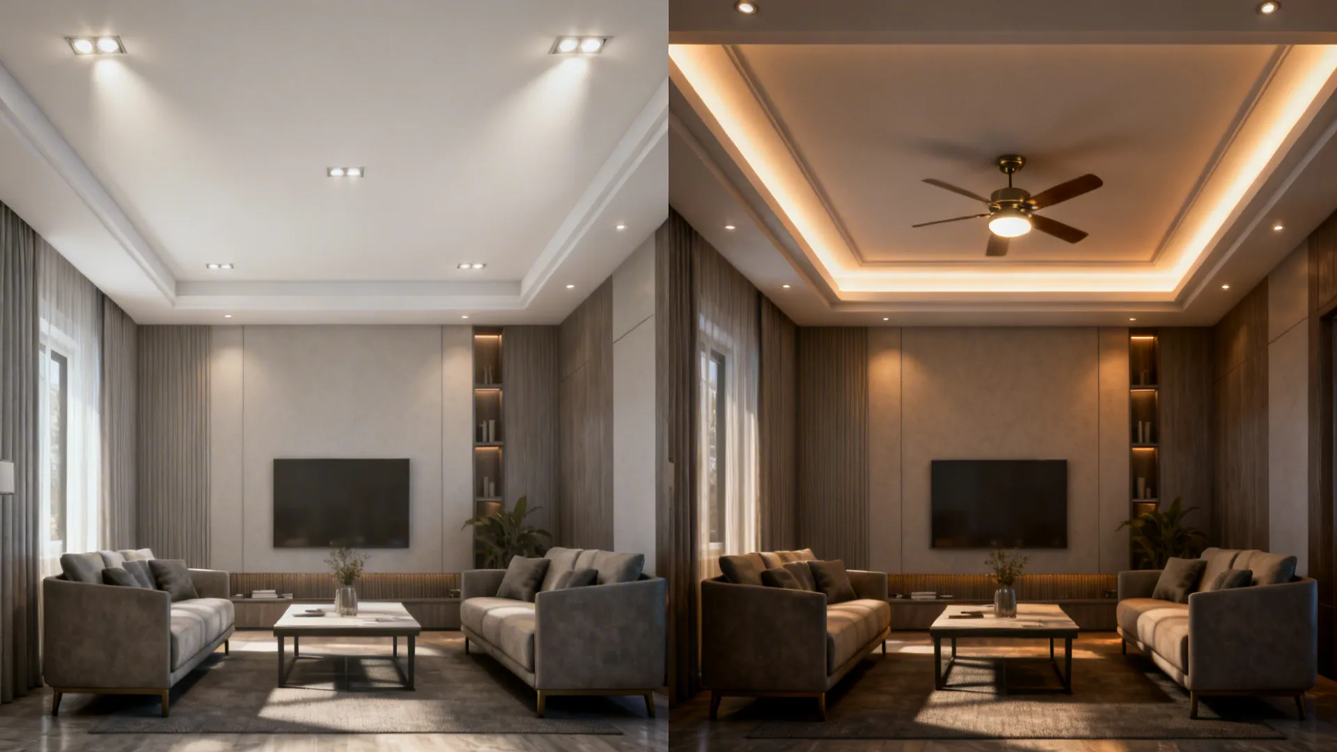Before-and-after living room comparison showing standard ceiling light versus warm hidden lighting with ceiling fan