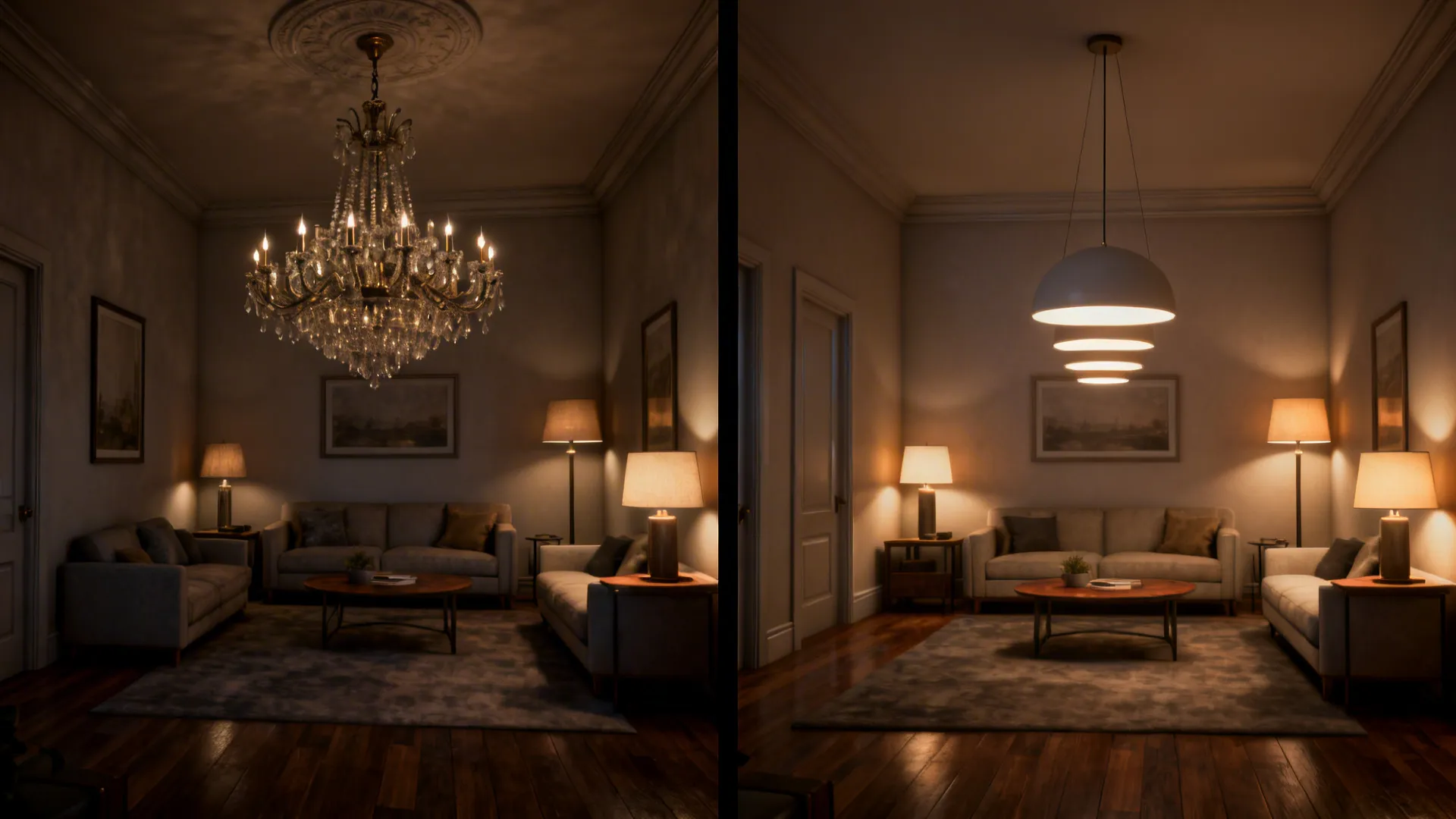 Comparison of a living room with classic versus modern ceiling light fixtures and grey sofas