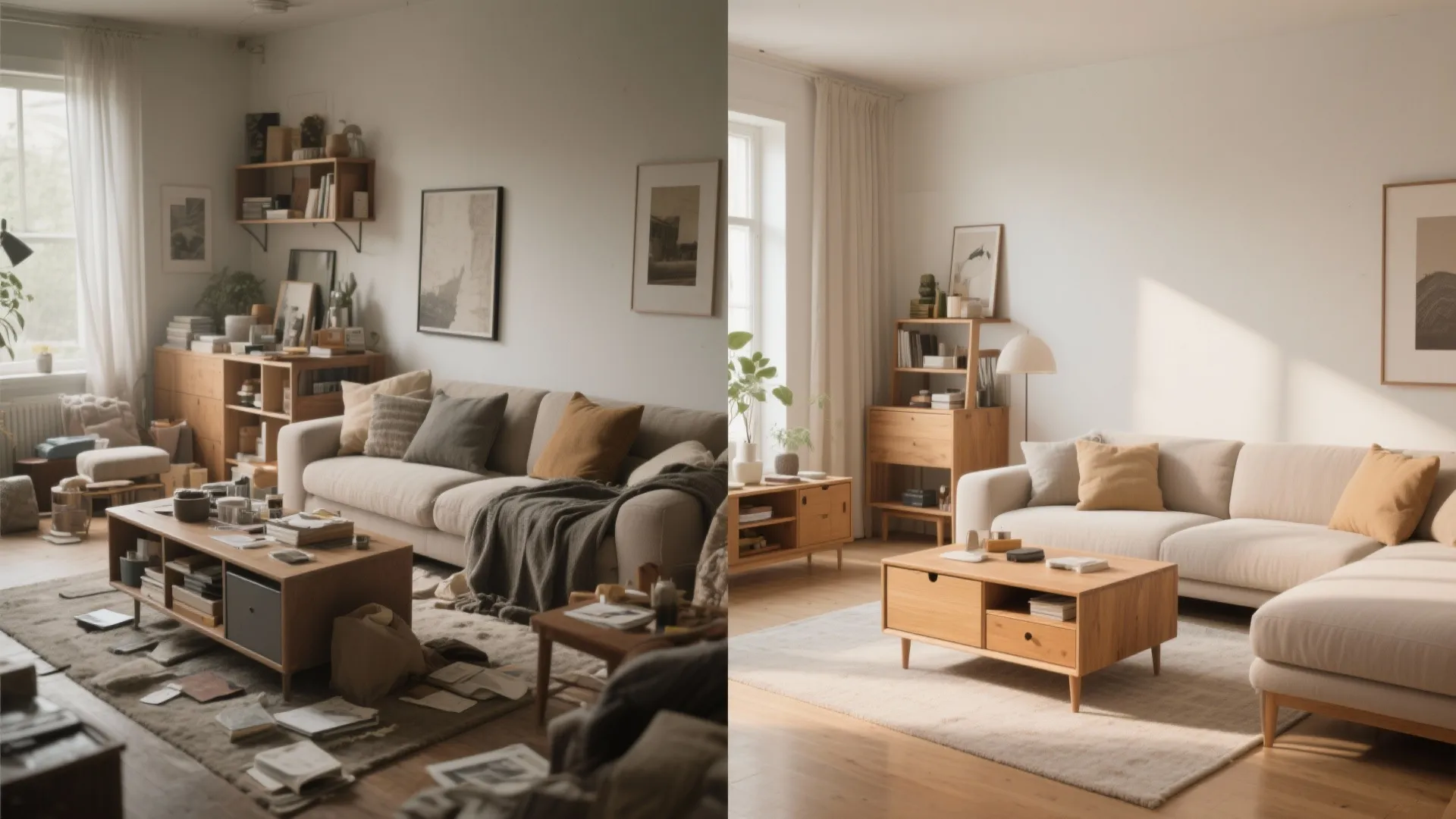 Before-and-after living room showing a cluttered space transformed by a compact chest.