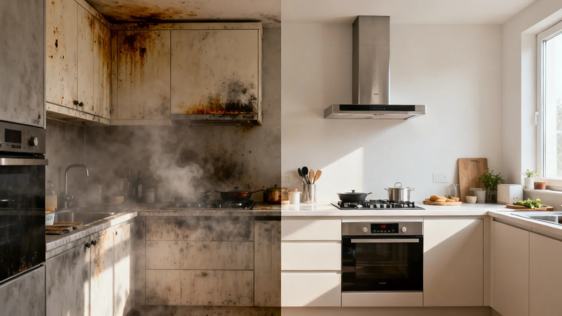 Before-and-after of a small kitchen showing oily haze versus clear air with a chimney.