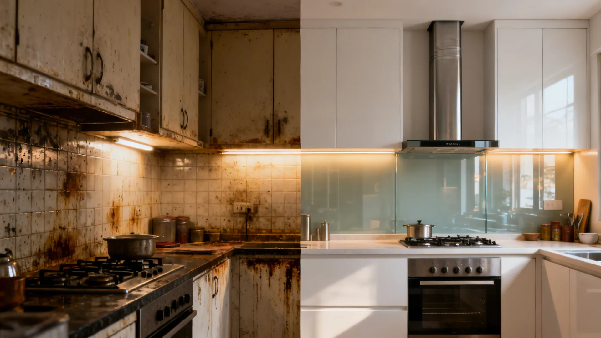 Before-and-after of a compact kitchen upgraded with a slim chimney and glass backsplash.