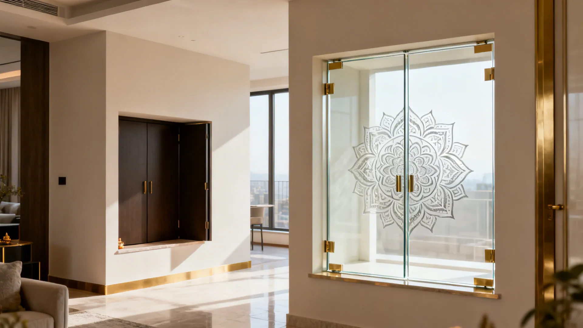 Clear tempered-glass double doors with etched mandala