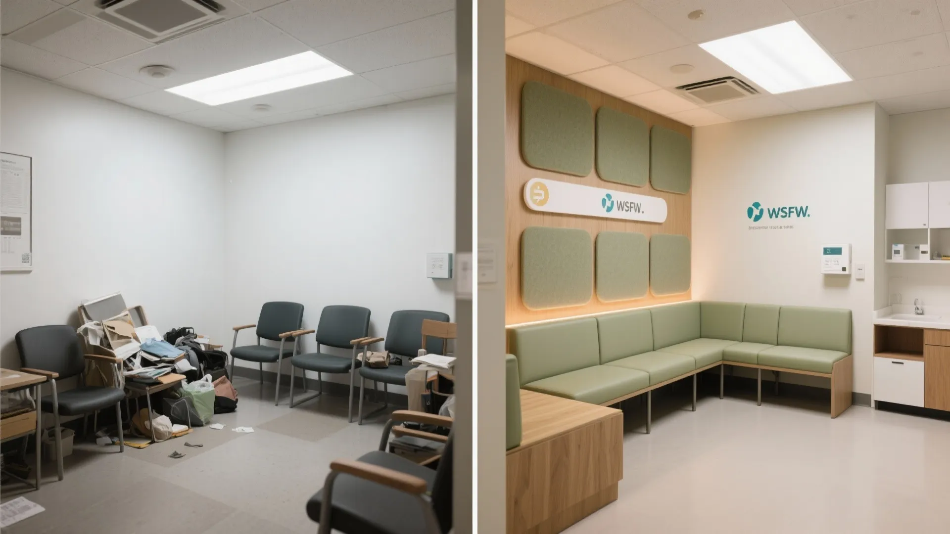 Before and after comparison showing a messy storage room transformed into a clean modern medical office