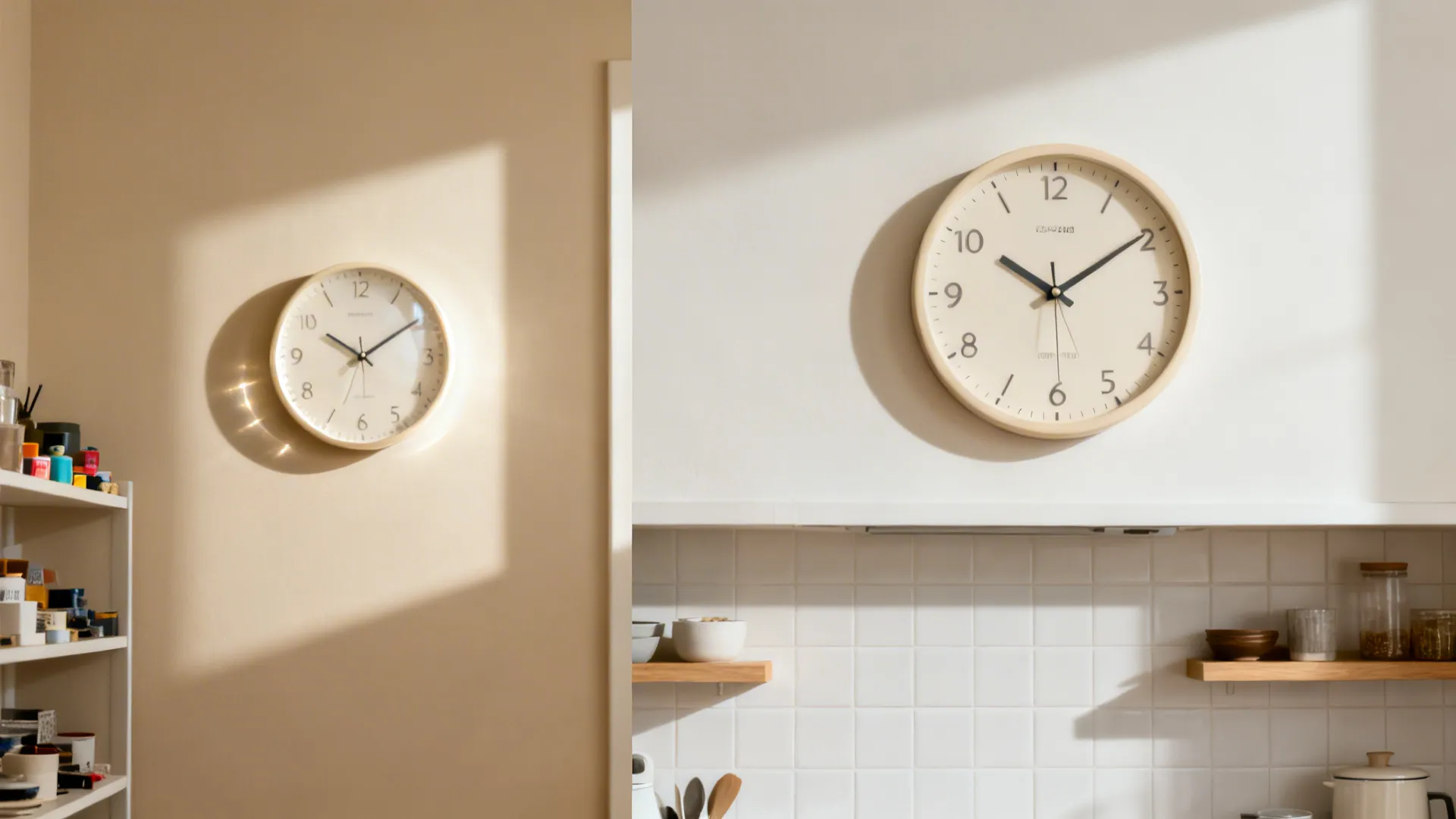 Before-and-after small kitchen wall showing improved clock size and placement for readability.