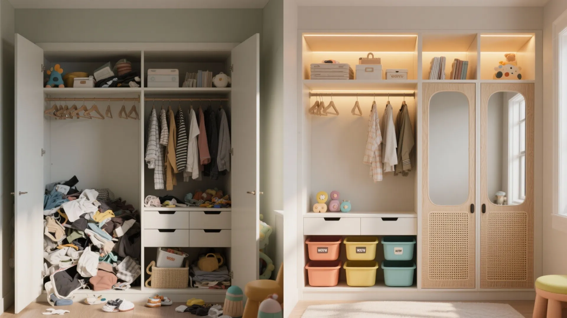 Before-and-after comparison of a messy bedroom closet versus a neat organized storage system with bins