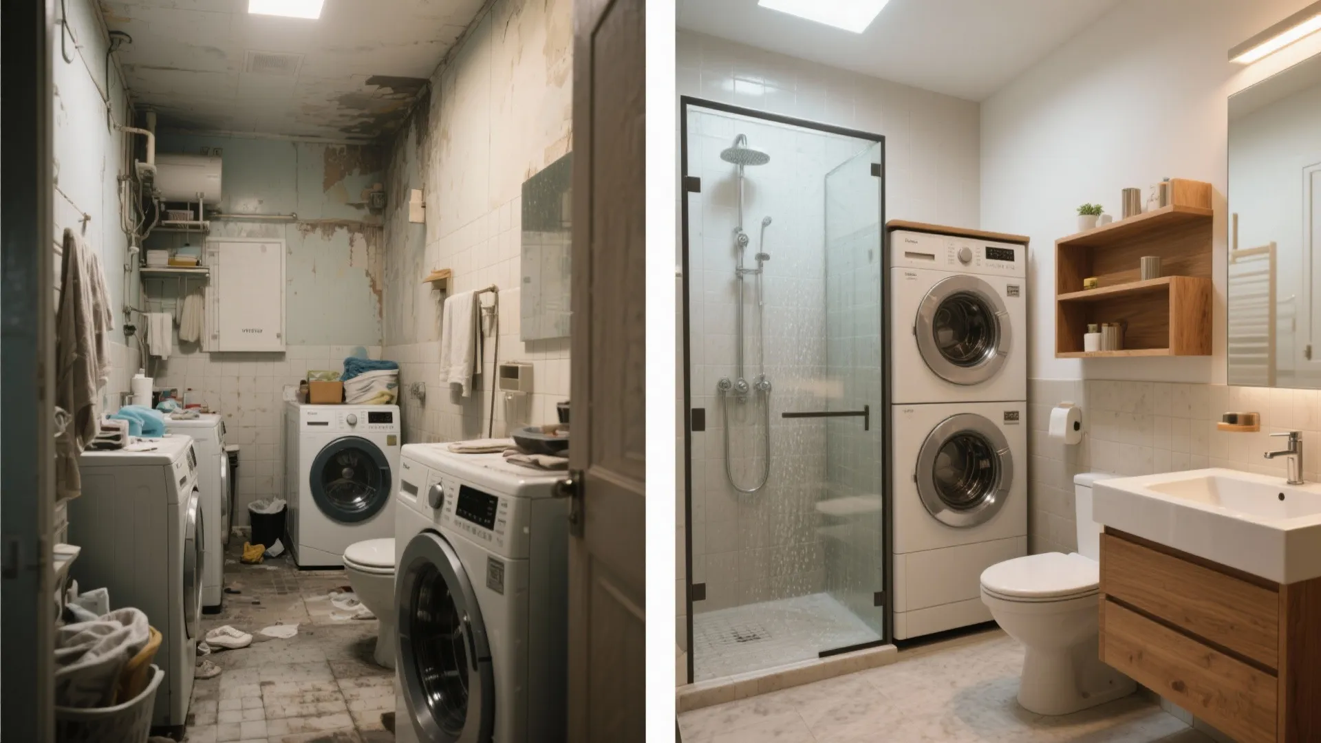 Before-and-after comparison of a small bathroom converted into an efficient combined bathroom and laundry.