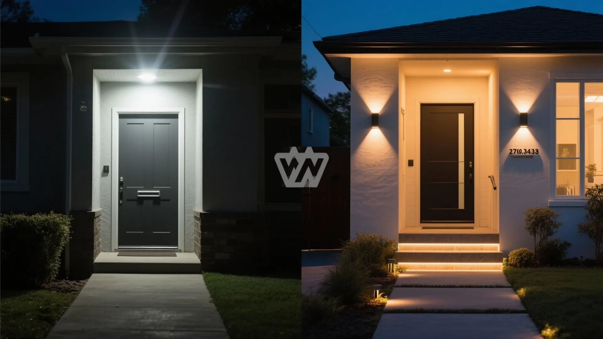 Split view shows a compact entry before with glare and after with warm controlled up down lighting and layers.