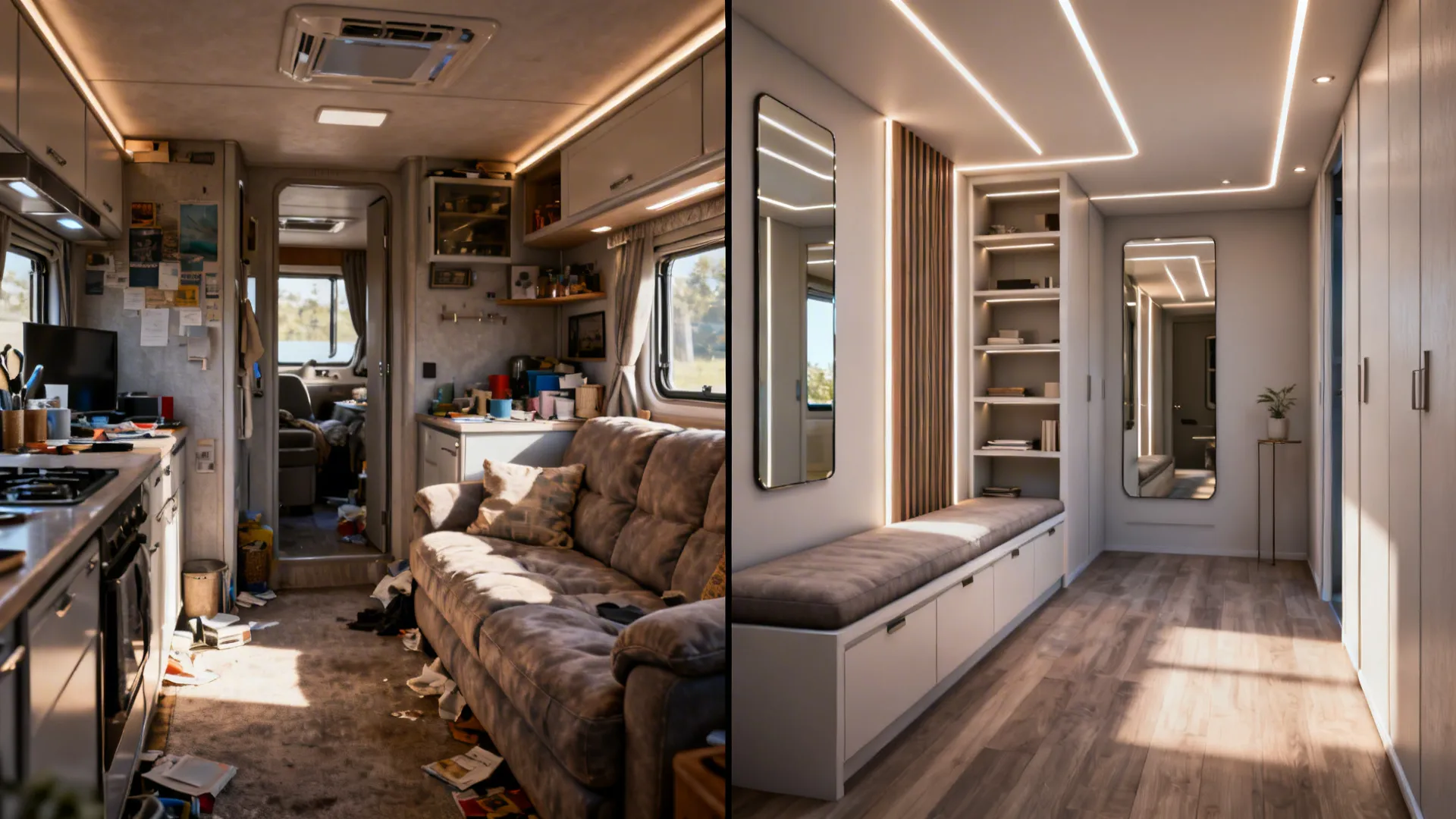 Before and after comparison of a messy dark van interior versus a modern clean white design