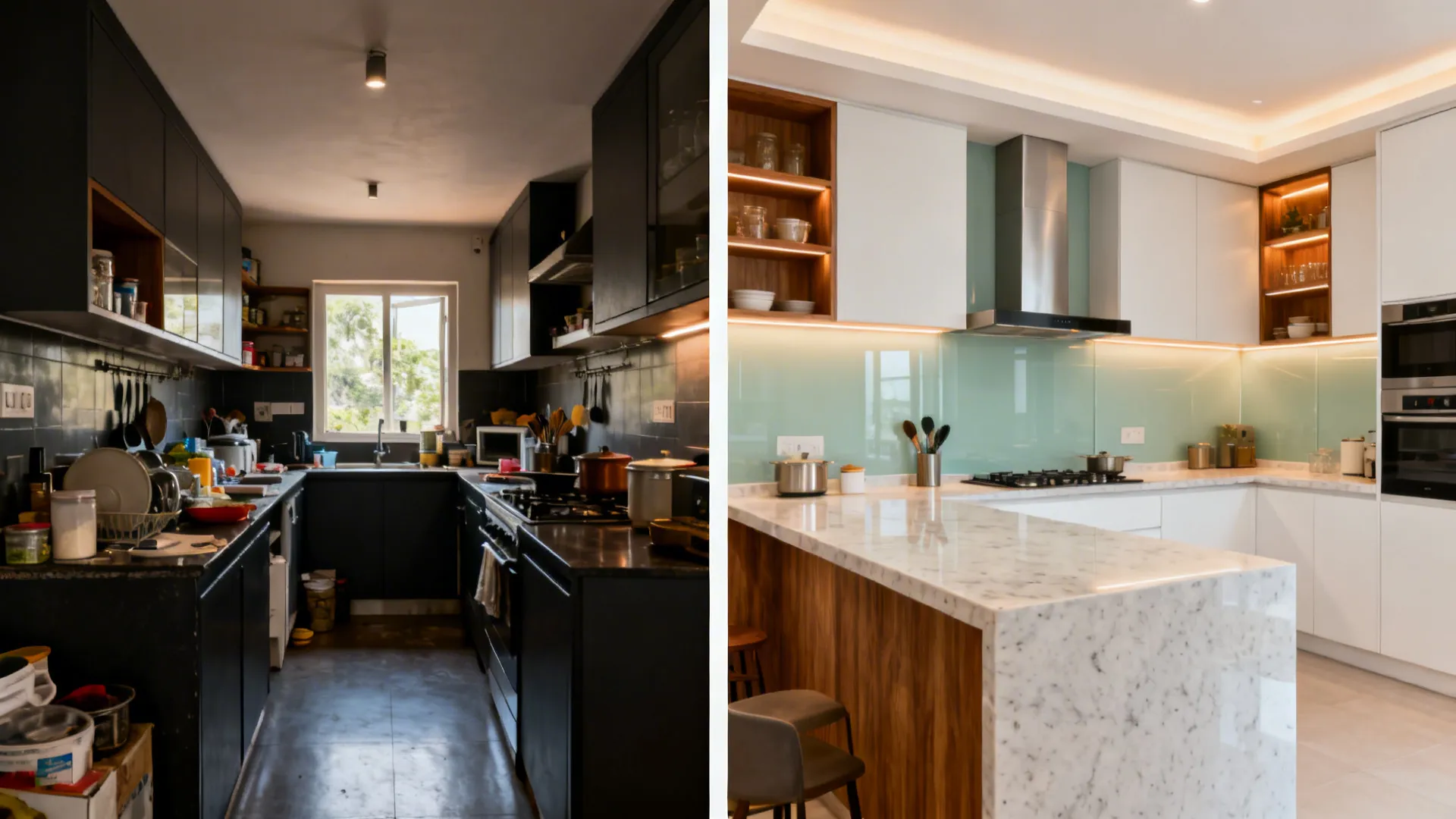 Before-and-after of a compact kitchen transformed with L-shaped layout, glass backsplash, and layered lighting.