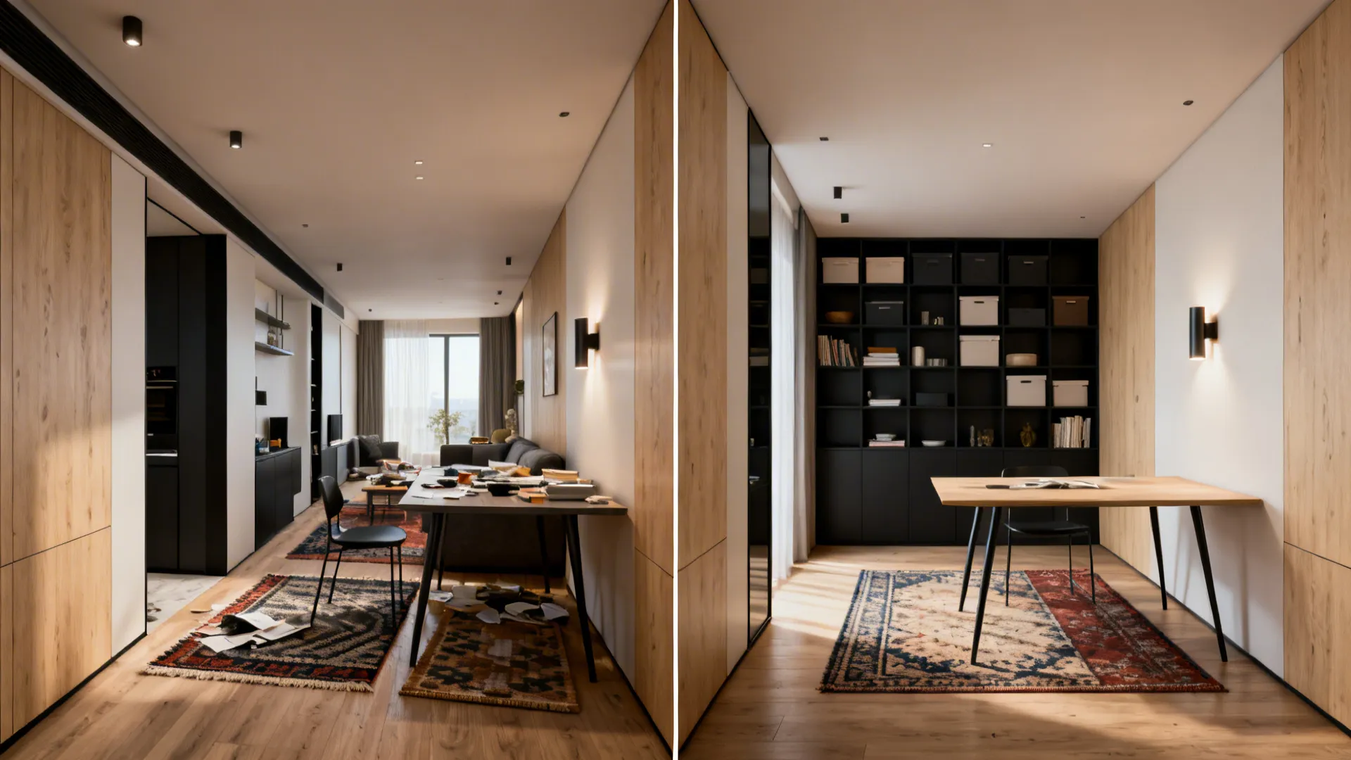 Split image comparing a cluttered compact living-dining room with a refined layout featuring storage, lighting, and coordinated rugs.