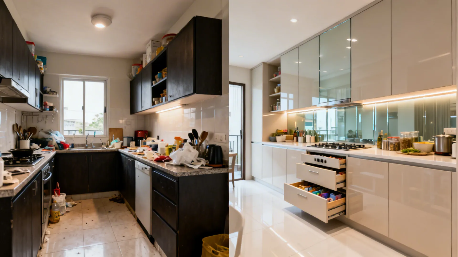 Before-and-after of a compact condo kitchen from dark and cluttered to bright and full-height storage.