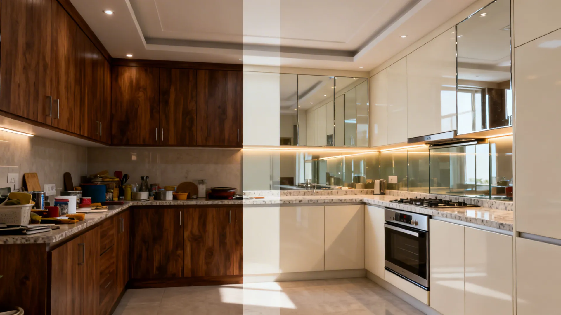 Before-and-after of a small Indian kitchen transforming from dark and cluttered to bright and organized.