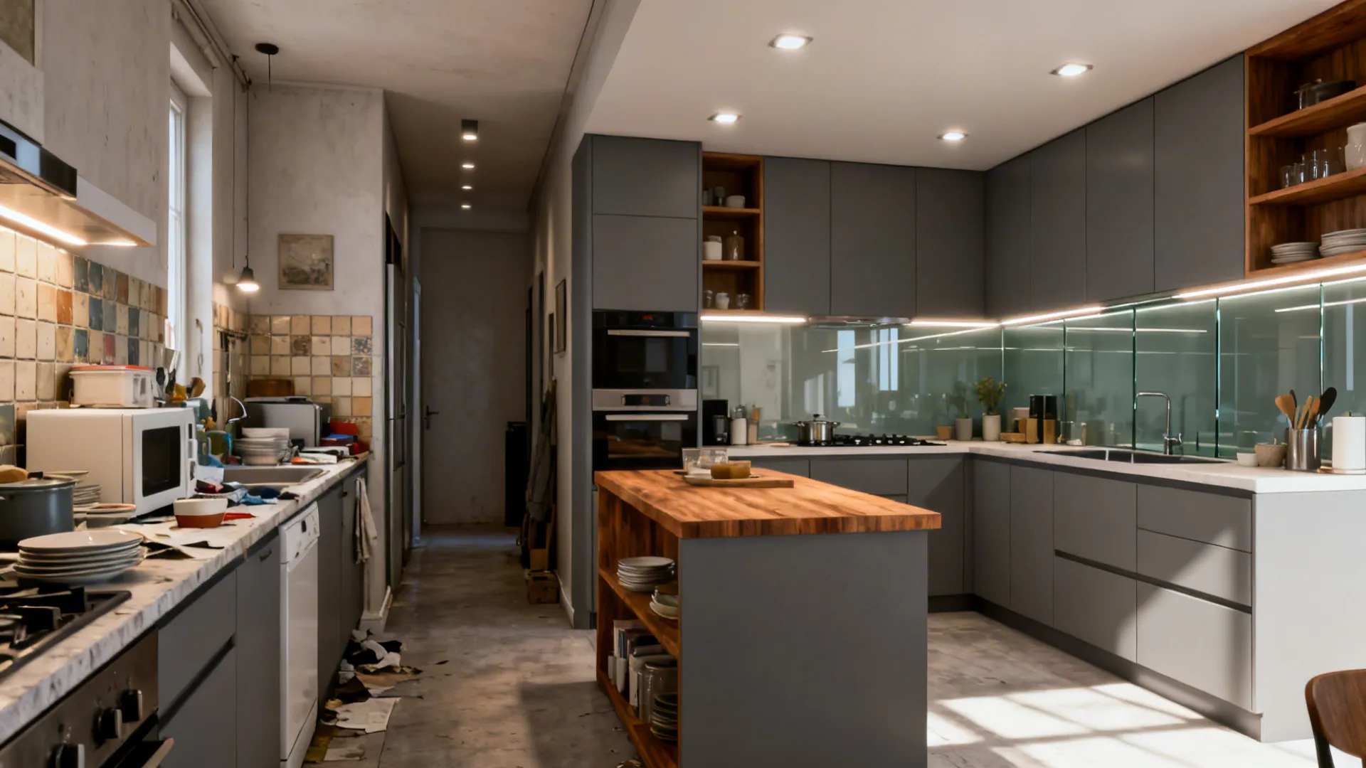 Before-and-after small kitchen showing a clean modular redesign with glass backsplash and L-shaped flow.