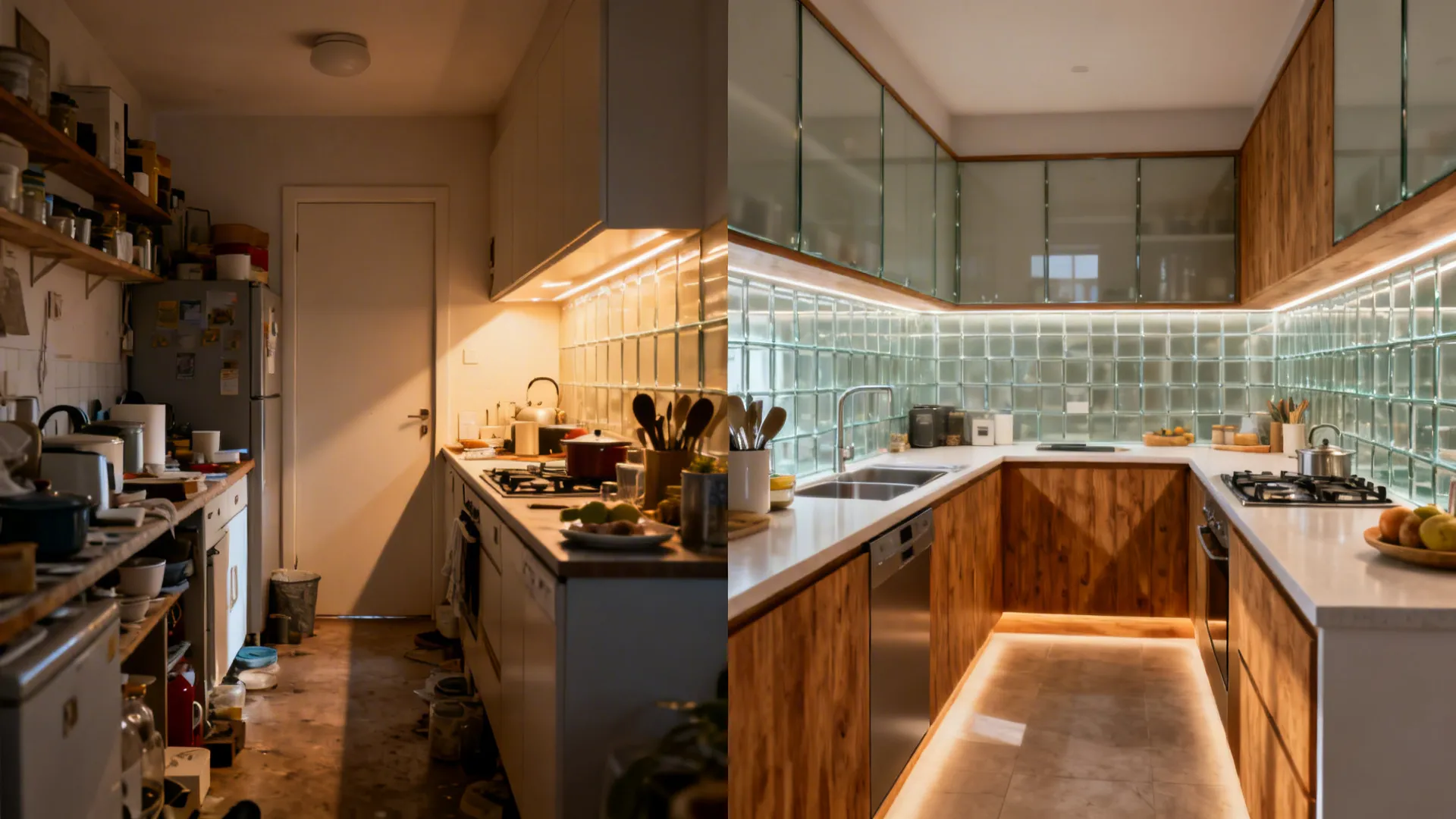 Before-and-after split showing a cluttered single-wall kitchen transformed into a clear L-shaped layout.