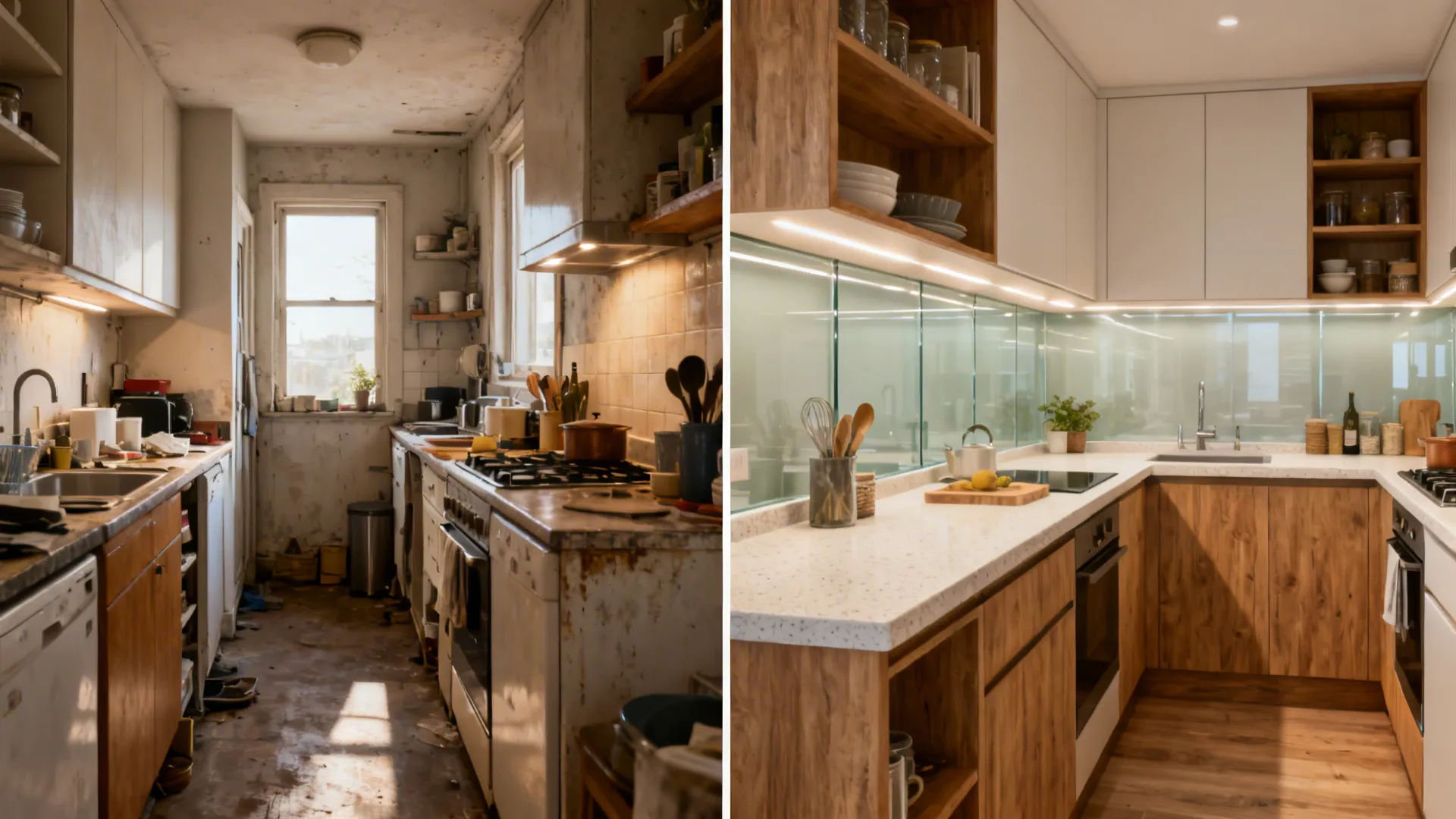 Before-and-after of a compact kitchen upgraded with modular storage, quartz, and glass backsplash.